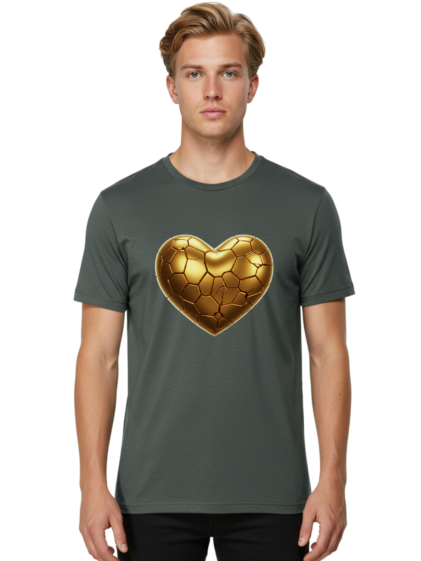 Golden-Heart-1 Men'S Graphic Tee, 100% Cotton, Comfortable Casual Summer Wear, Machine Washable, Shiny Gold Heart, Cracked Surface, Metallic Texture, Valentines Day Symbol, Love Icon, Golden Love, Heart Shape, Luxury Design Bae024