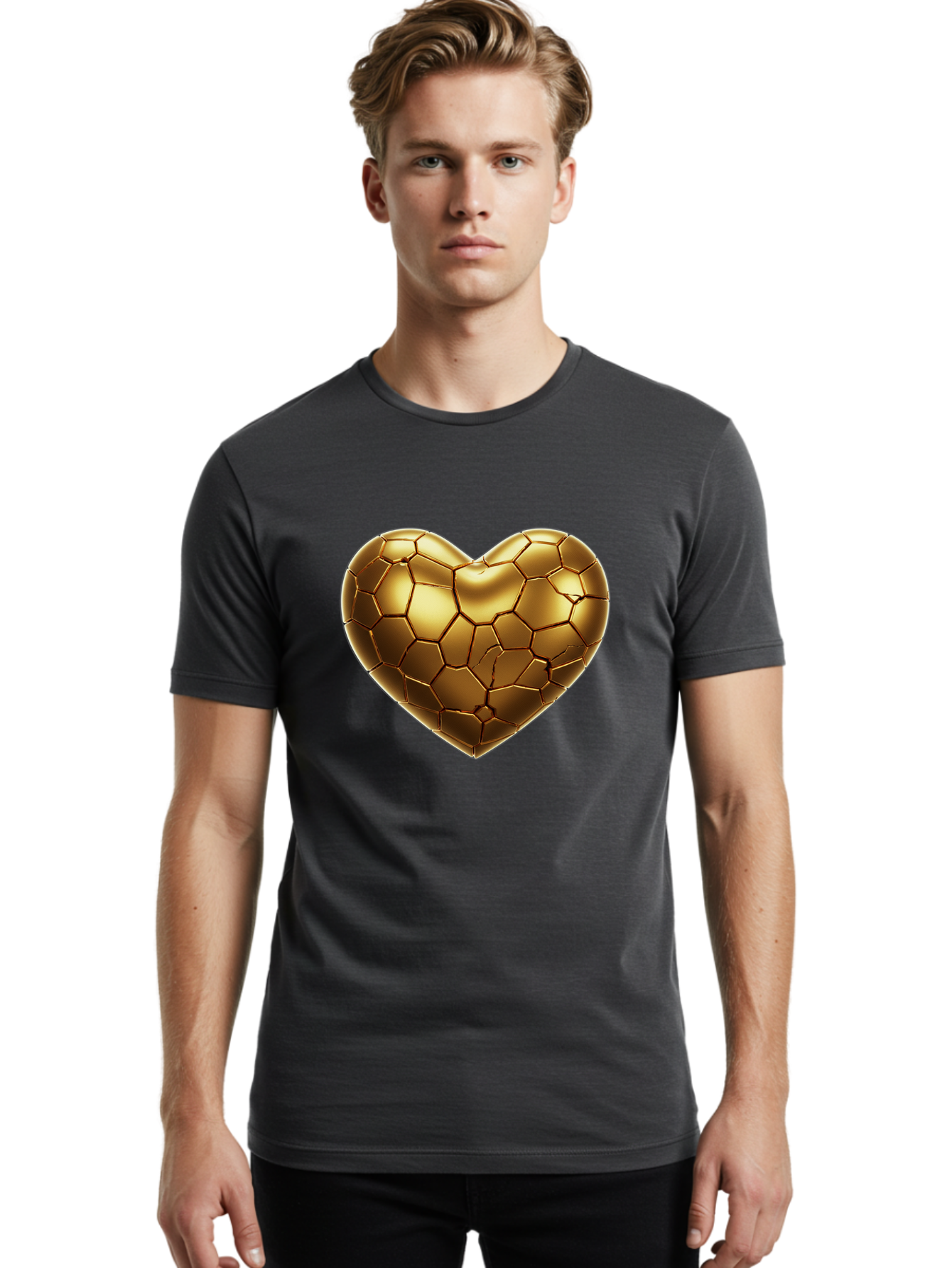 Golden-Heart-1 Men'S Graphic Tee, 100% Cotton, Comfortable Casual Summer Wear, Machine Washable, Shiny Gold Heart, Cracked Surface, Metallic Texture, Valentines Day Symbol, Love Icon, Golden Love, Heart Shape, Luxury Design Bae024