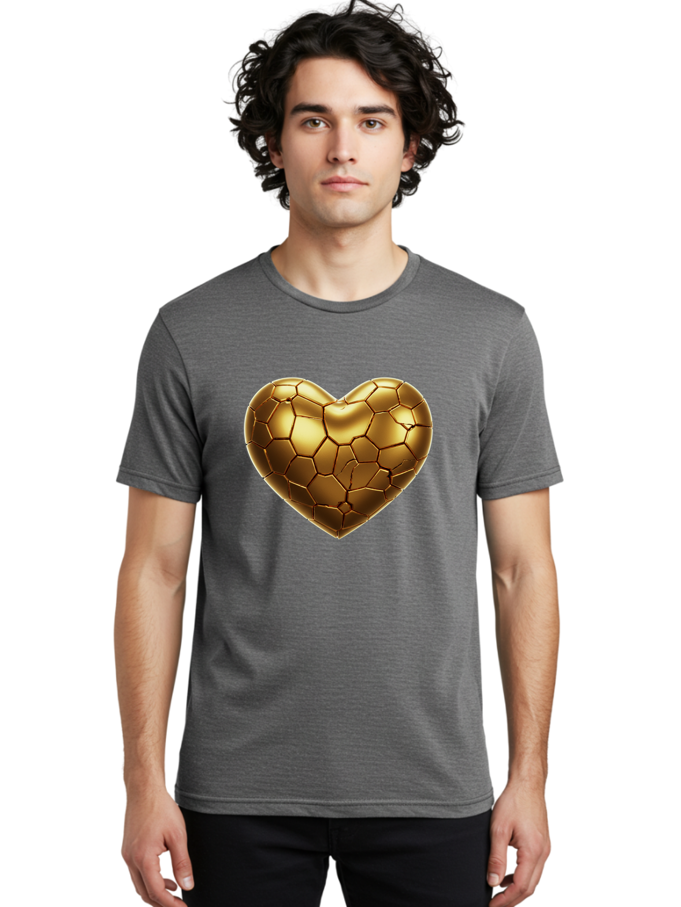 Golden-Heart-1 Men'S Graphic Tee, 100% Cotton, Comfortable Casual Summer Wear, Machine Washable, Shiny Gold Heart, Cracked Surface, Metallic Texture, Valentines Day Symbol, Love Icon, Golden Love, Heart Shape, Luxury Design Bae024