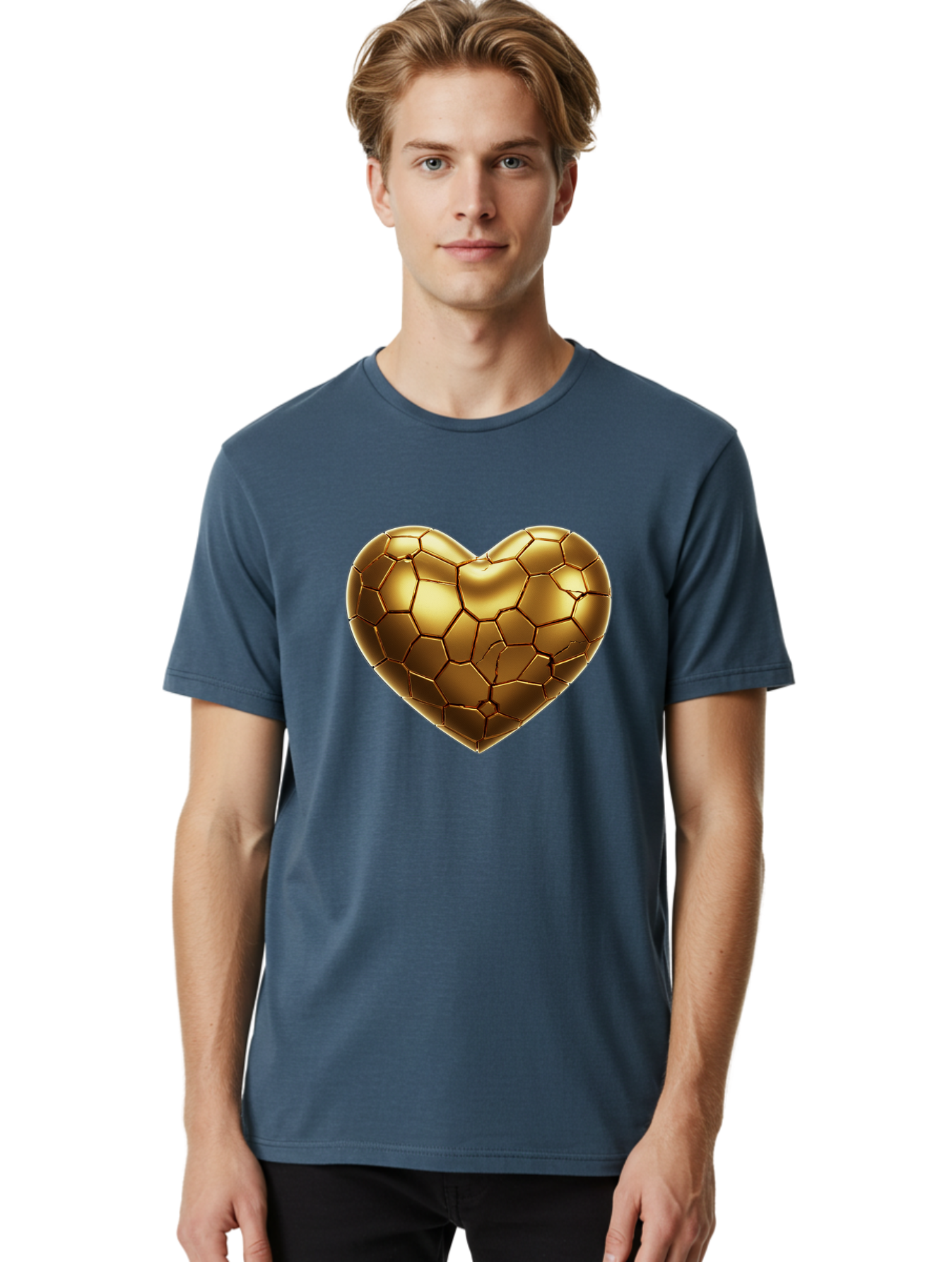 Golden-Heart-1 Men'S Graphic Tee, 100% Cotton, Comfortable Casual Summer Wear, Machine Washable, Shiny Gold Heart, Cracked Surface, Metallic Texture, Valentines Day Symbol, Love Icon, Golden Love, Heart Shape, Luxury Design Bae024