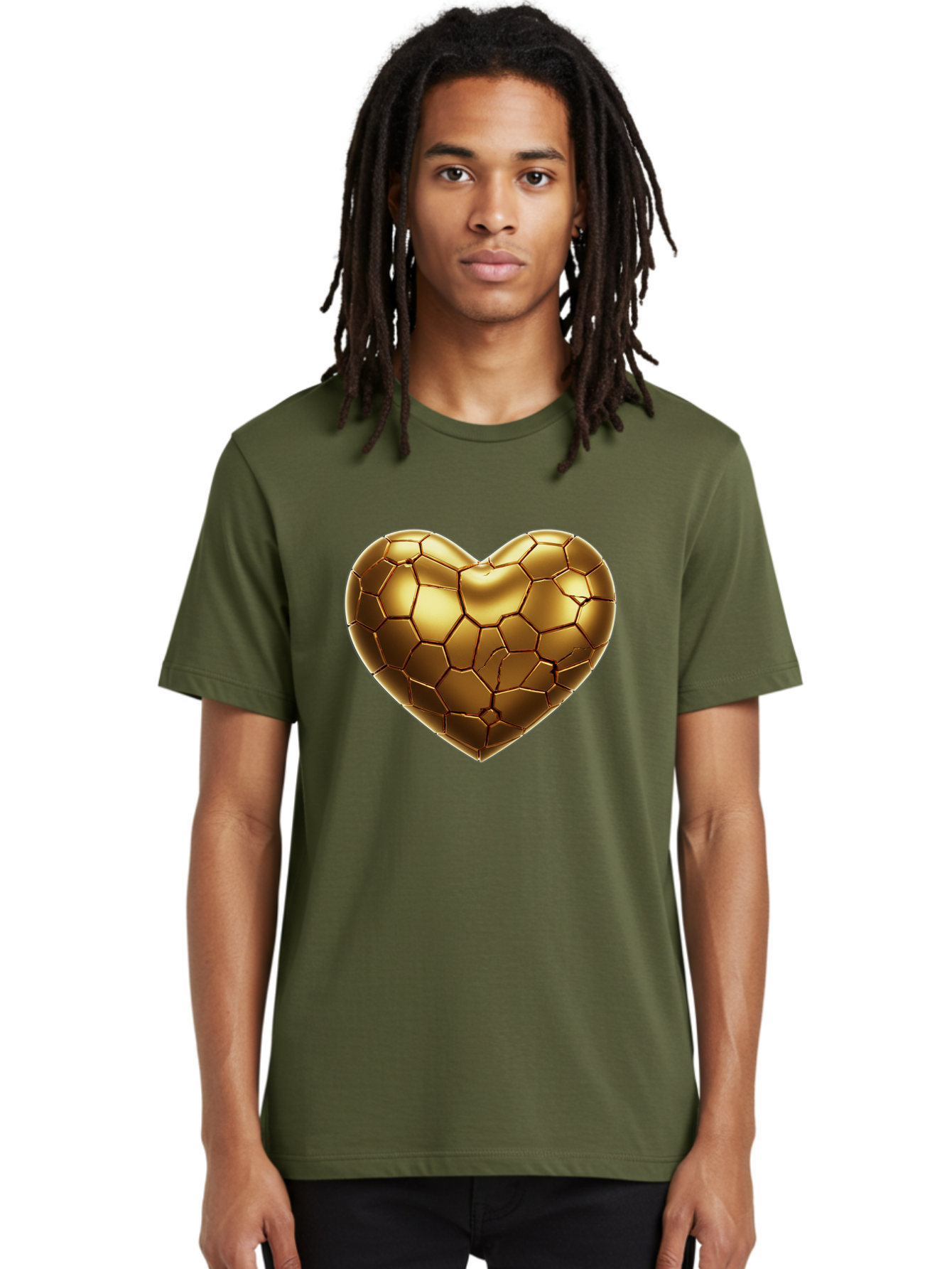 Golden-Heart-1 Men'S Graphic Tee, 100% Cotton, Comfortable Casual Summer Wear, Machine Washable, Shiny Gold Heart, Cracked Surface, Metallic Texture, Valentines Day Symbol, Love Icon, Golden Love, Heart Shape, Luxury Design Bae024