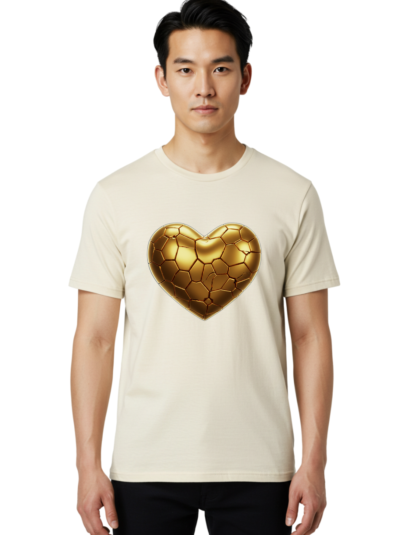 Golden-Heart-1 Men'S Graphic Tee, 100% Cotton, Comfortable Casual Summer Wear, Machine Washable, Shiny Gold Heart, Cracked Surface, Metallic Texture, Valentines Day Symbol, Love Icon, Golden Love, Heart Shape, Luxury Design Bae024