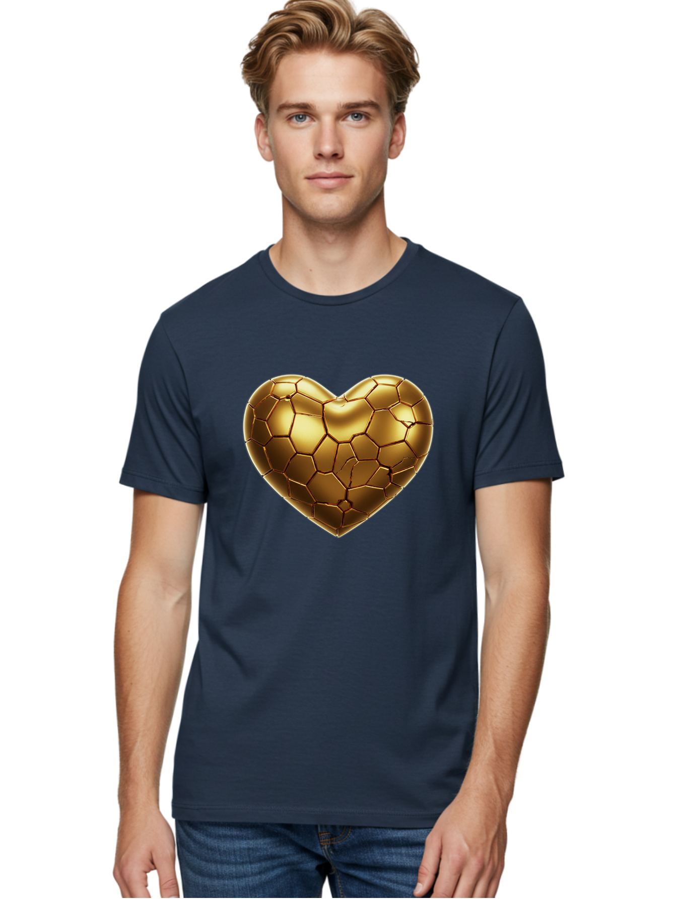 Golden-Heart-1 Men'S Graphic Tee, 100% Cotton, Comfortable Casual Summer Wear, Machine Washable, Shiny Gold Heart, Cracked Surface, Metallic Texture, Valentines Day Symbol, Love Icon, Golden Love, Heart Shape, Luxury Design Bae024