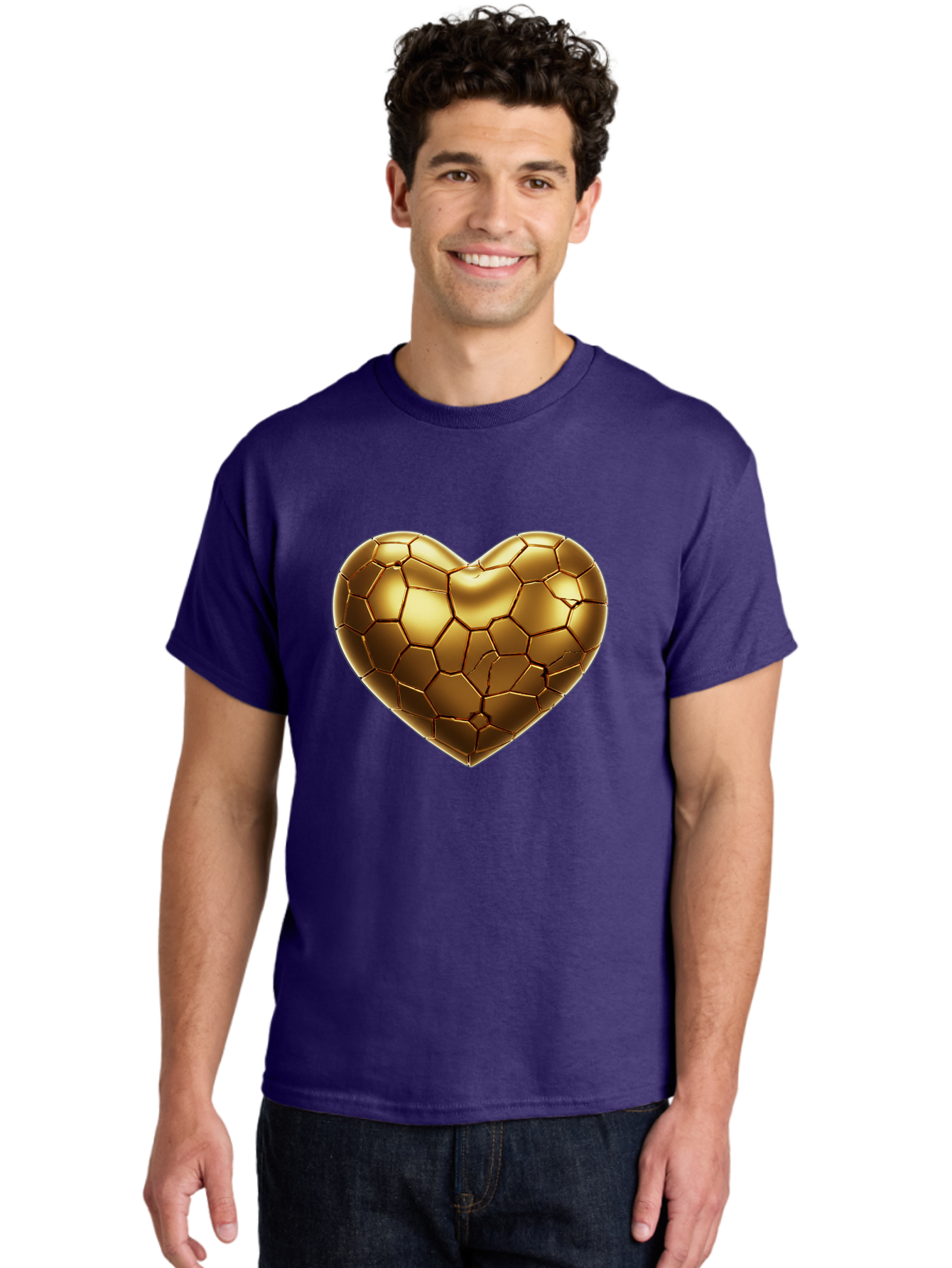 Golden-Heart-1 Men'S Graphic Tee, 100% Cotton, Comfortable Casual Summer Wear, Machine Washable, Shiny Gold Heart, Cracked Surface, Metallic Texture, Valentines Day Symbol, Love Icon, Golden Love, Heart Shape, Luxury Design Bae024