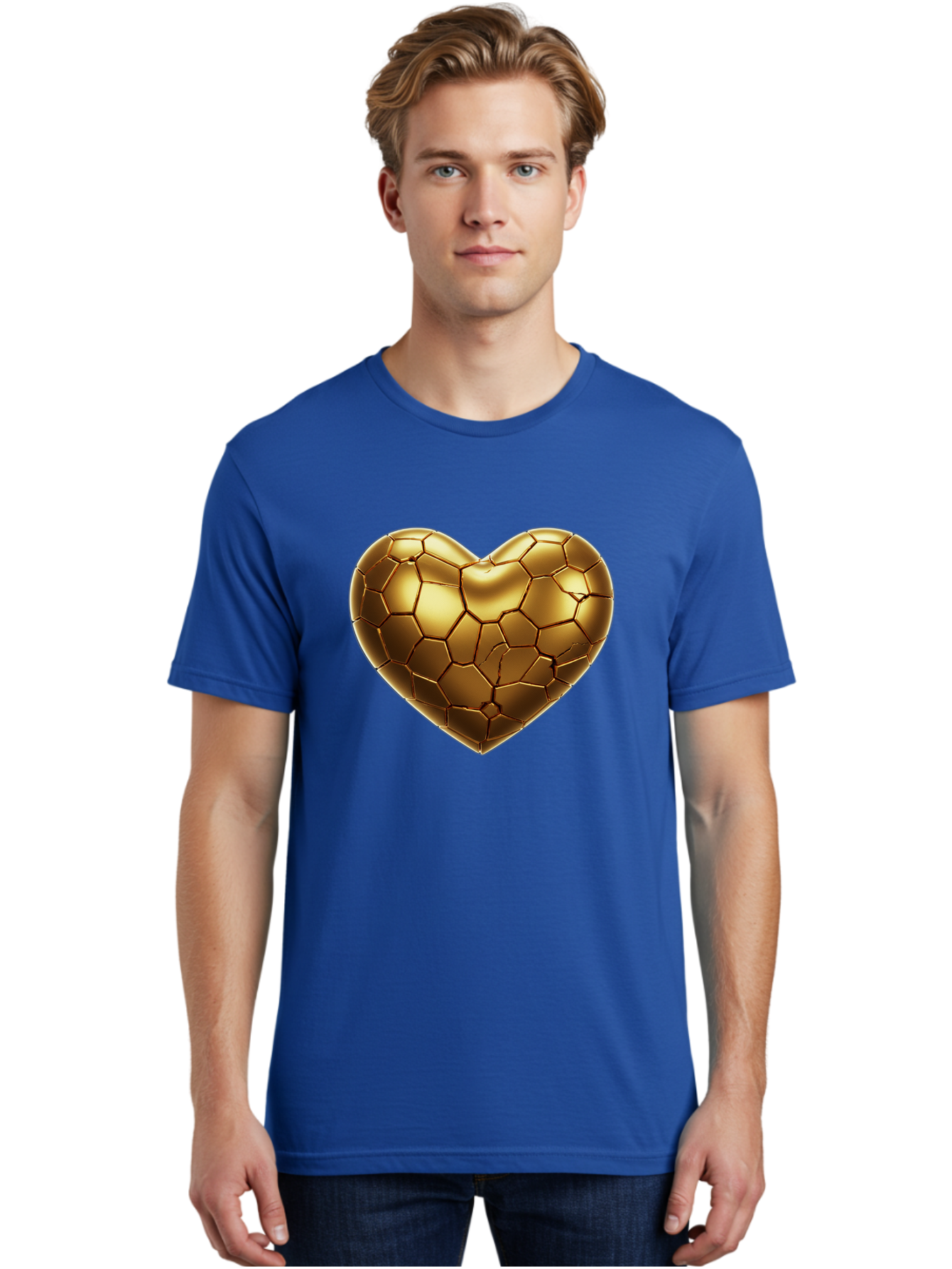 Golden-Heart-1 Men'S Graphic Tee, 100% Cotton, Comfortable Casual Summer Wear, Machine Washable, Shiny Gold Heart, Cracked Surface, Metallic Texture, Valentines Day Symbol, Love Icon, Golden Love, Heart Shape, Luxury Design Bae024