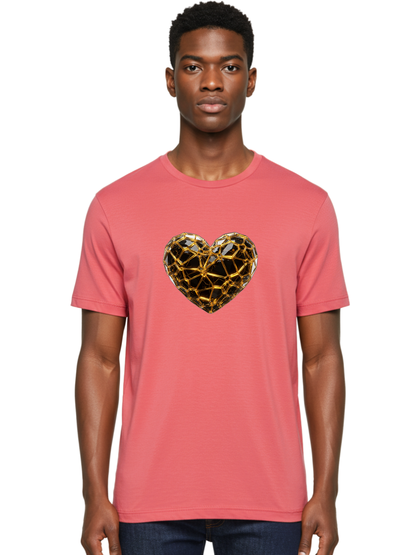 Golden-Heart Men'S Graphic Tee, 100% Cotton, Comfortable Casual Summer Wear, Machine Washable, Golden Heart, 3D Heart, Geometric Pattern, Luxury Design, Valentines Day, Love Symbol, Abstract Art, Modern Decoration, Gold Texture Bae025
