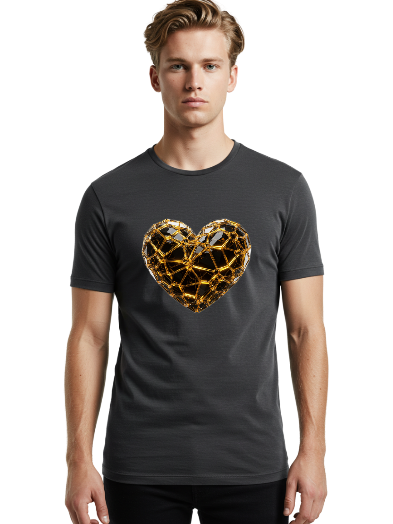 Golden-Heart Men'S Graphic Tee, 100% Cotton, Comfortable Casual Summer Wear, Machine Washable, Golden Heart, 3D Heart, Geometric Pattern, Luxury Design, Valentines Day, Love Symbol, Abstract Art, Modern Decoration, Gold Texture Bae025