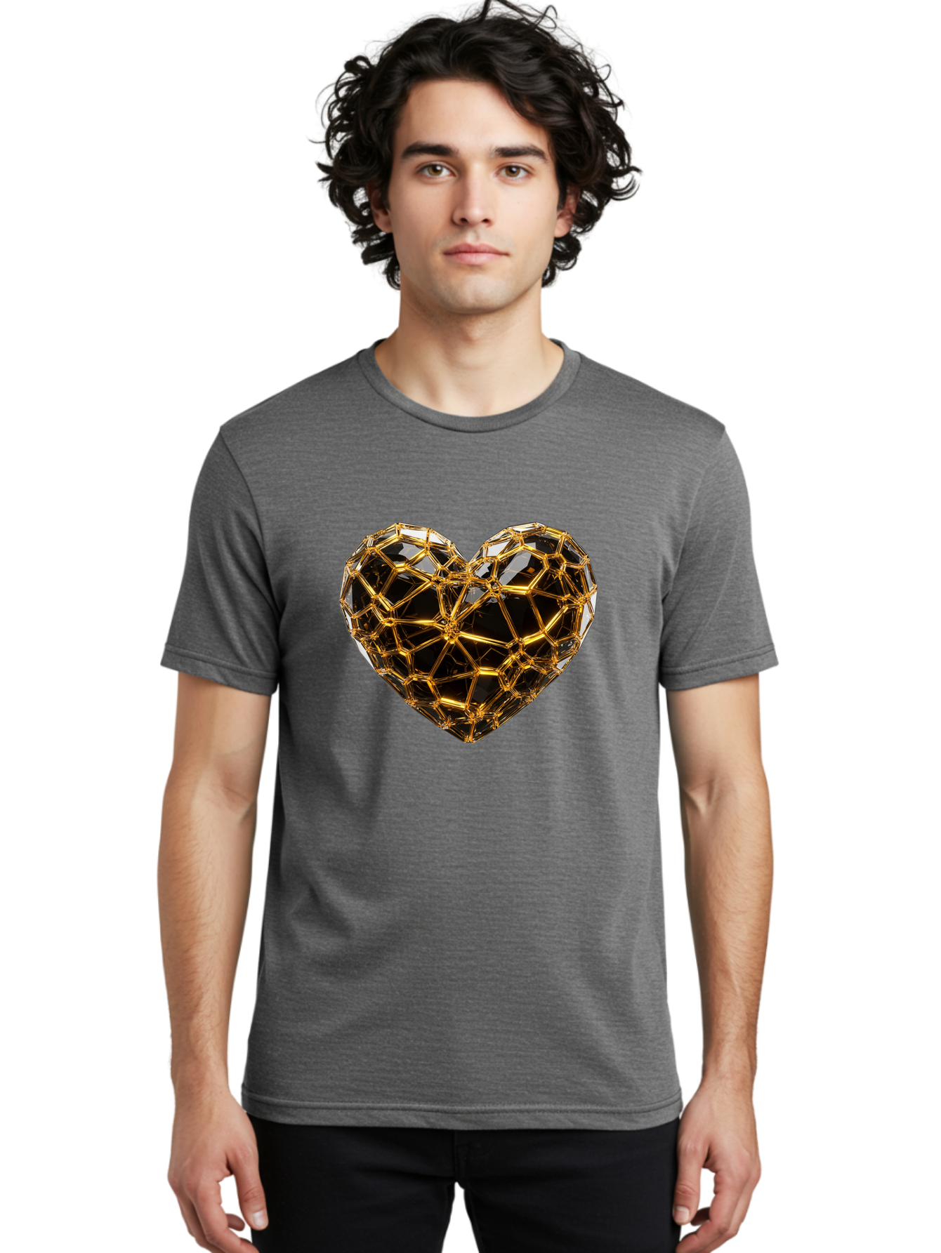 Golden-Heart Men'S Graphic Tee, 100% Cotton, Comfortable Casual Summer Wear, Machine Washable, Golden Heart, 3D Heart, Geometric Pattern, Luxury Design, Valentines Day, Love Symbol, Abstract Art, Modern Decoration, Gold Texture Bae025