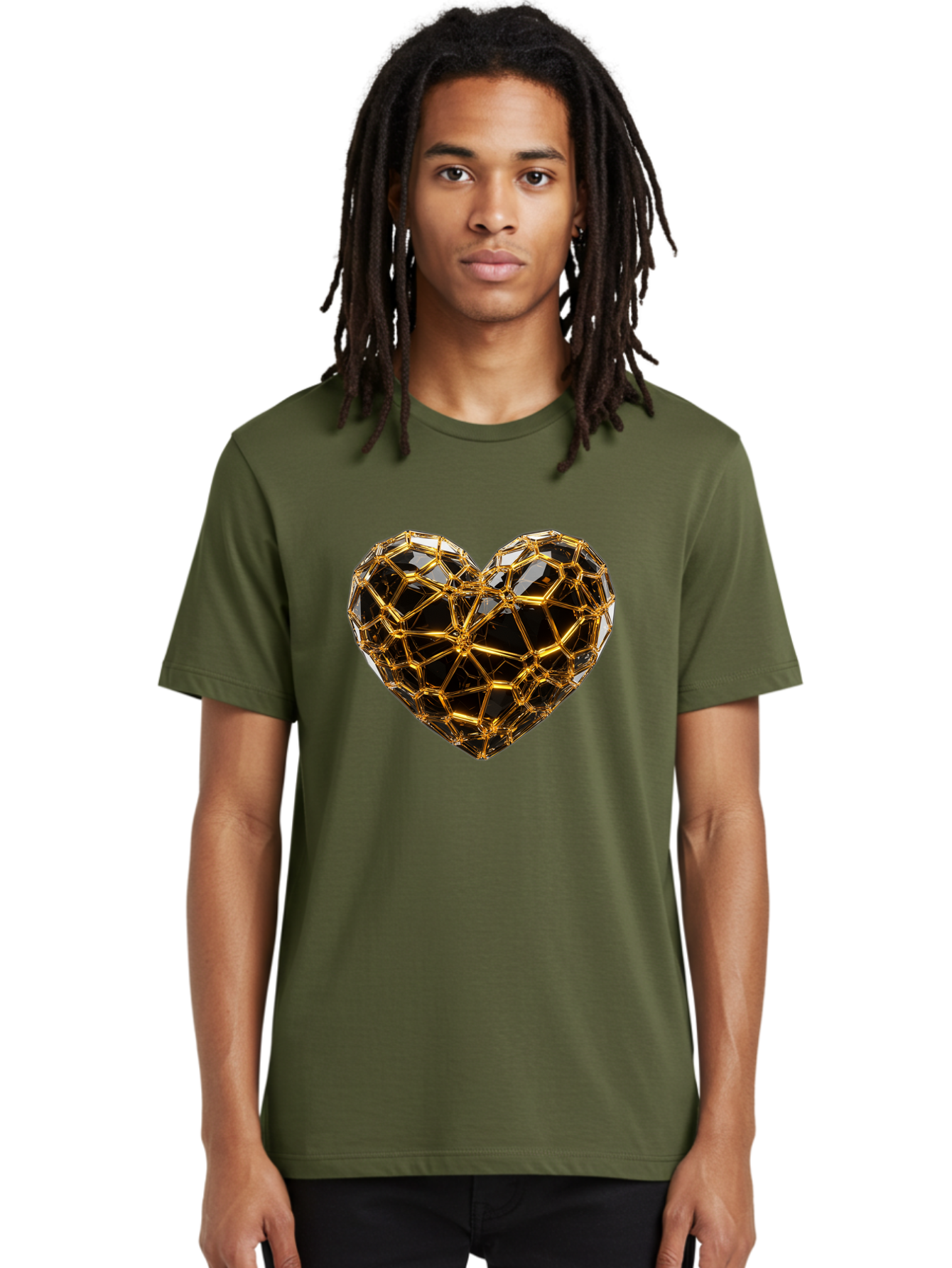 Golden-Heart Men'S Graphic Tee, 100% Cotton, Comfortable Casual Summer Wear, Machine Washable, Golden Heart, 3D Heart, Geometric Pattern, Luxury Design, Valentines Day, Love Symbol, Abstract Art, Modern Decoration, Gold Texture Bae025