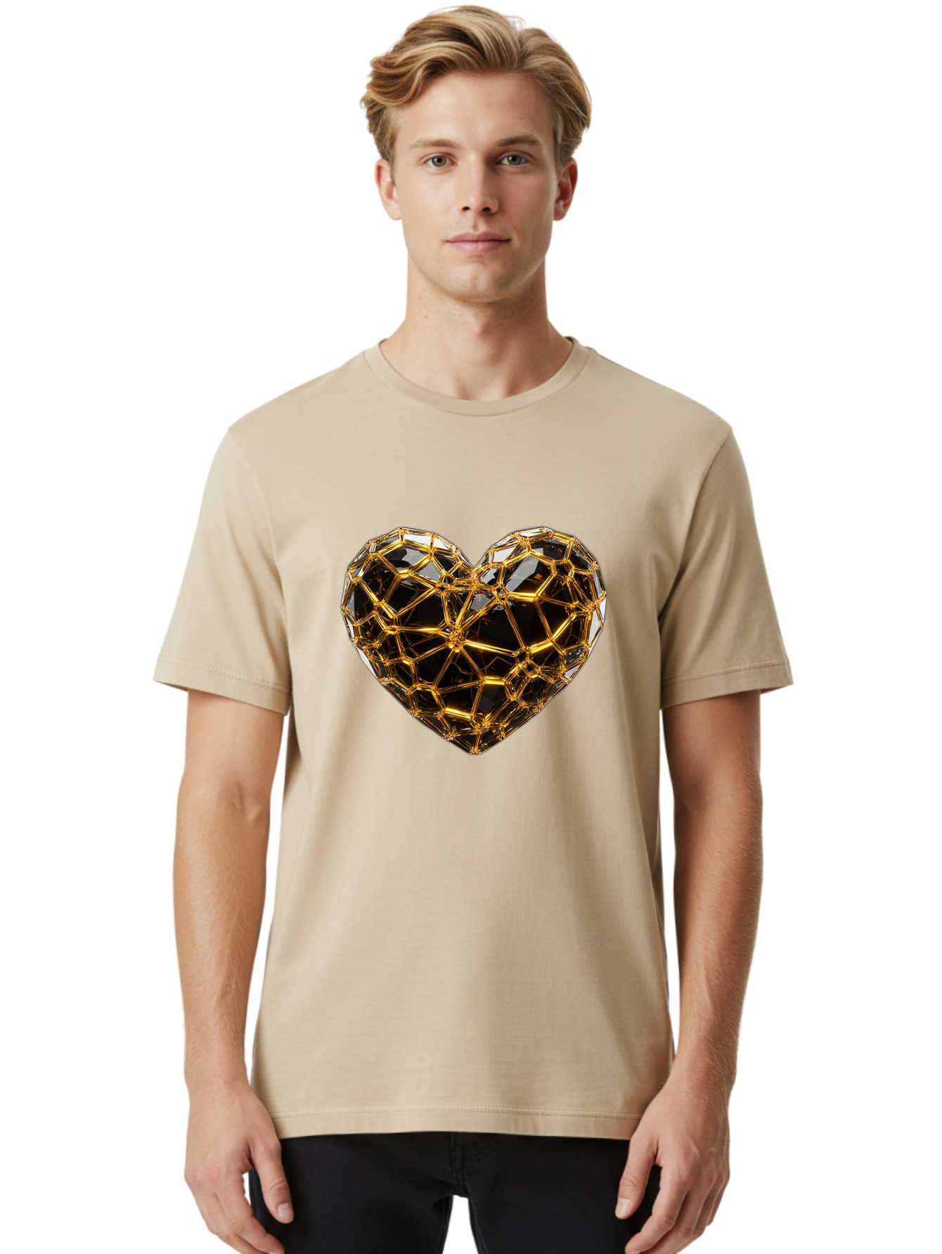 Golden-Heart Men'S Graphic Tee, 100% Cotton, Comfortable Casual Summer Wear, Machine Washable, Golden Heart, 3D Heart, Geometric Pattern, Luxury Design, Valentines Day, Love Symbol, Abstract Art, Modern Decoration, Gold Texture Bae025