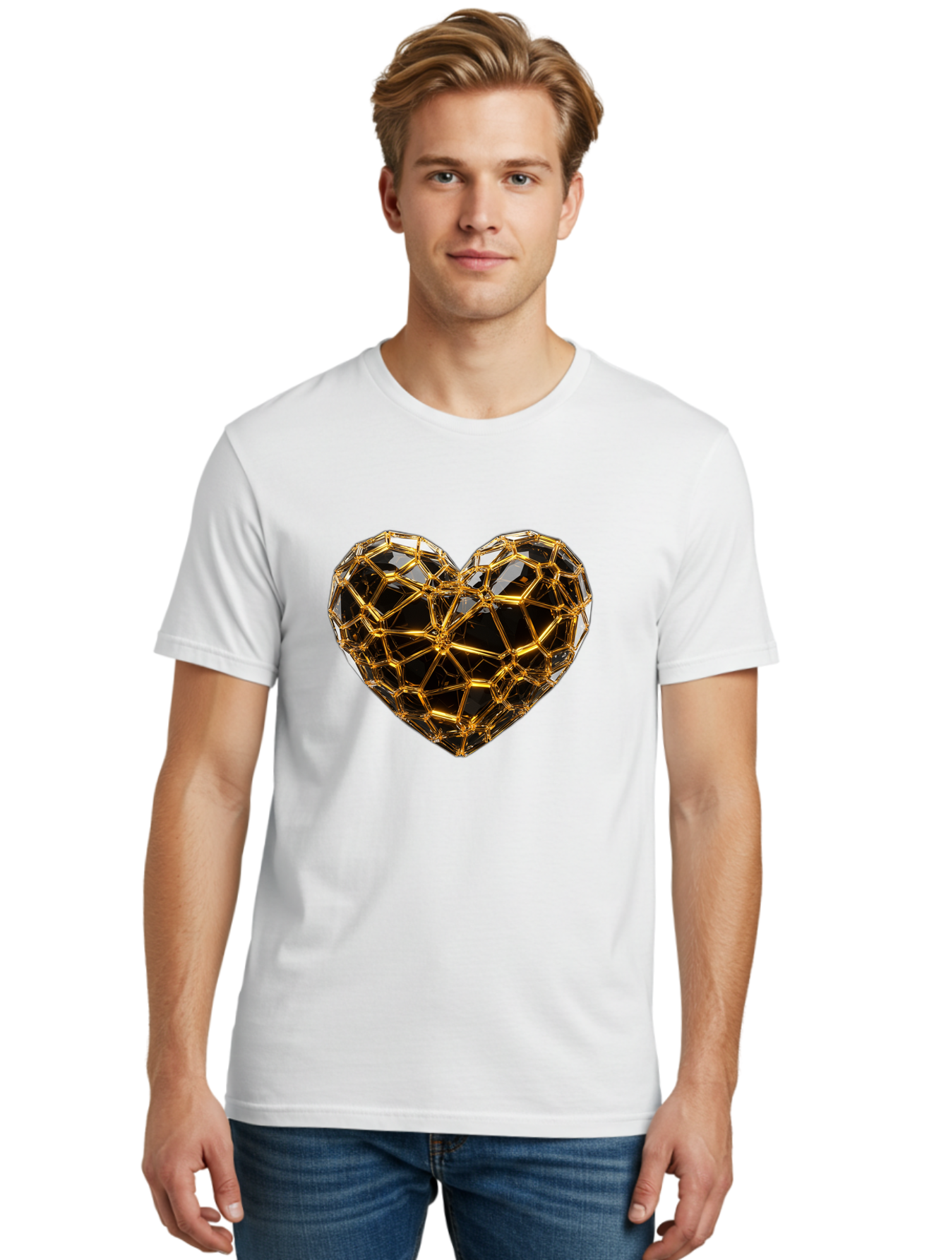 Golden-Heart Men'S Graphic Tee, 100% Cotton, Comfortable Casual Summer Wear, Machine Washable, Golden Heart, 3D Heart, Geometric Pattern, Luxury Design, Valentines Day, Love Symbol, Abstract Art, Modern Decoration, Gold Texture Bae025
