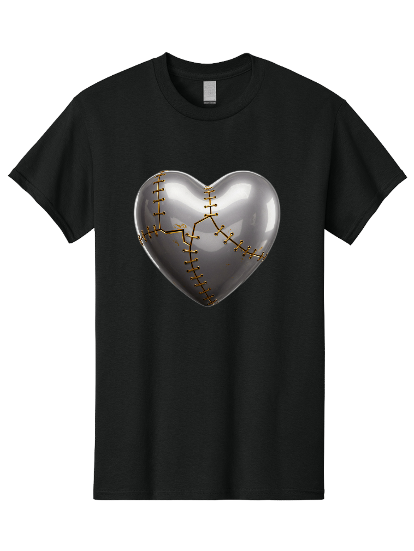 Gray-Heart-With-Gold-Stitches Men'S Graphic Tee, 100% Cotton, Comfortable Casual Summer Wear, Machine Washable, Broken Heart, Kintsugi Repair, Gold Stitching, Mended Love, Heartbreak Healing, Symbolic Art, 3D Rendering, Emotional Recovery, Bae026
