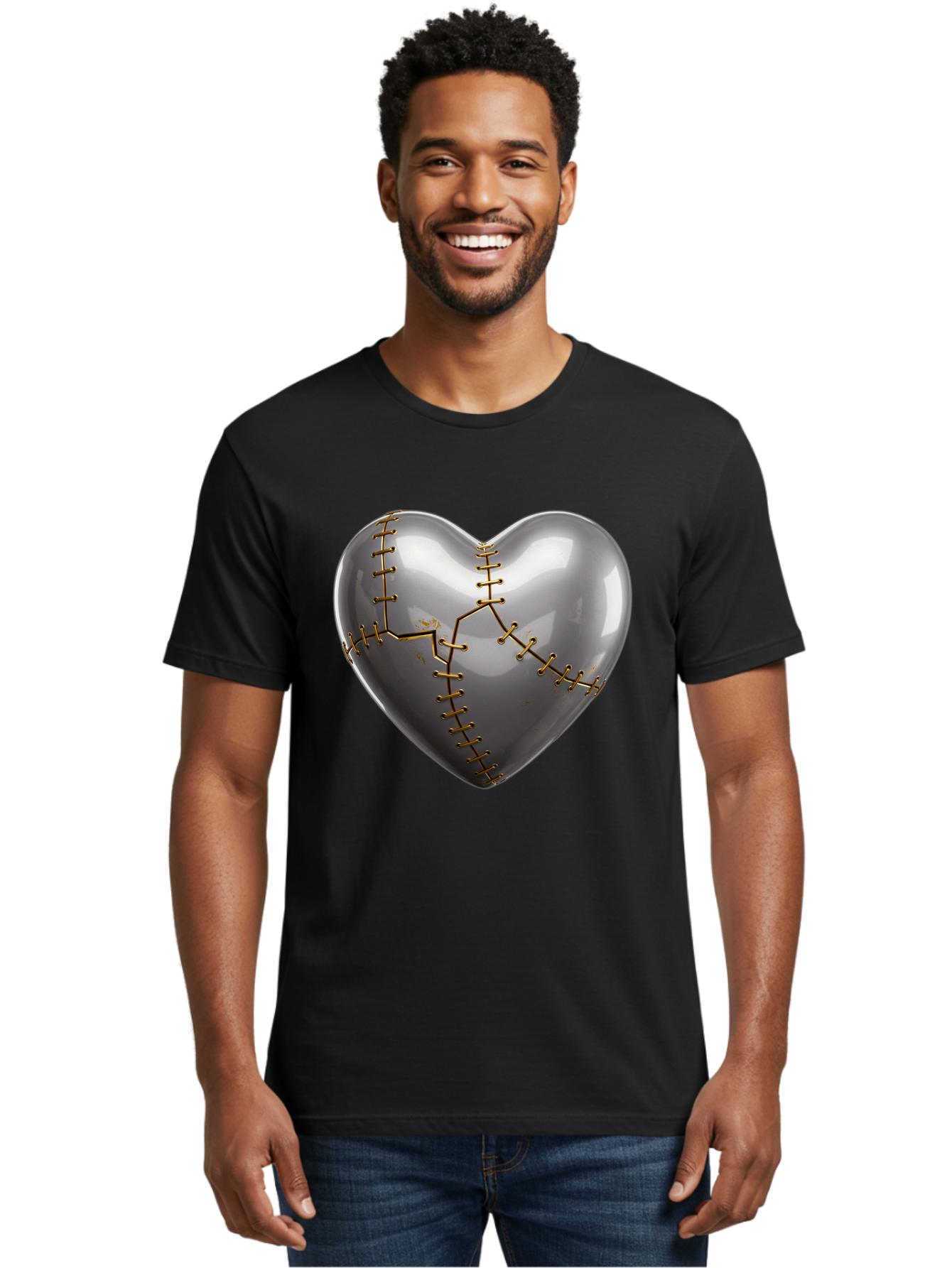Gray-Heart-With-Gold-Stitches Men'S Graphic Tee, 100% Cotton, Comfortable Casual Summer Wear, Machine Washable, Broken Heart, Kintsugi Repair, Gold Stitching, Mended Love, Heartbreak Healing, Symbolic Art, 3D Rendering, Emotional Recovery, Bae026