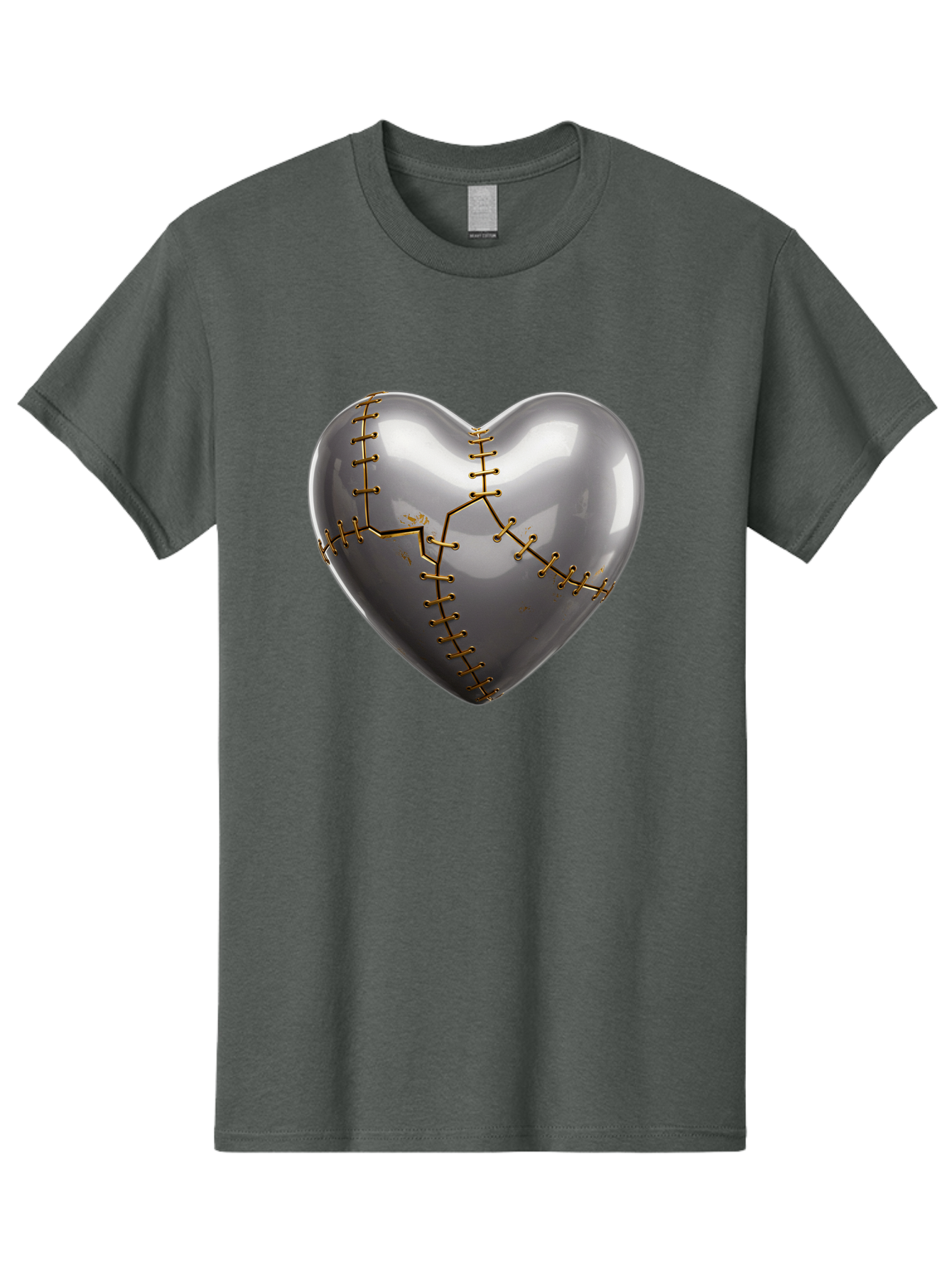 Gray-Heart-With-Gold-Stitches Men'S Graphic Tee, 100% Cotton, Comfortable Casual Summer Wear, Machine Washable, Broken Heart, Kintsugi Repair, Gold Stitching, Mended Love, Heartbreak Healing, Symbolic Art, 3D Rendering, Emotional Recovery, Bae026