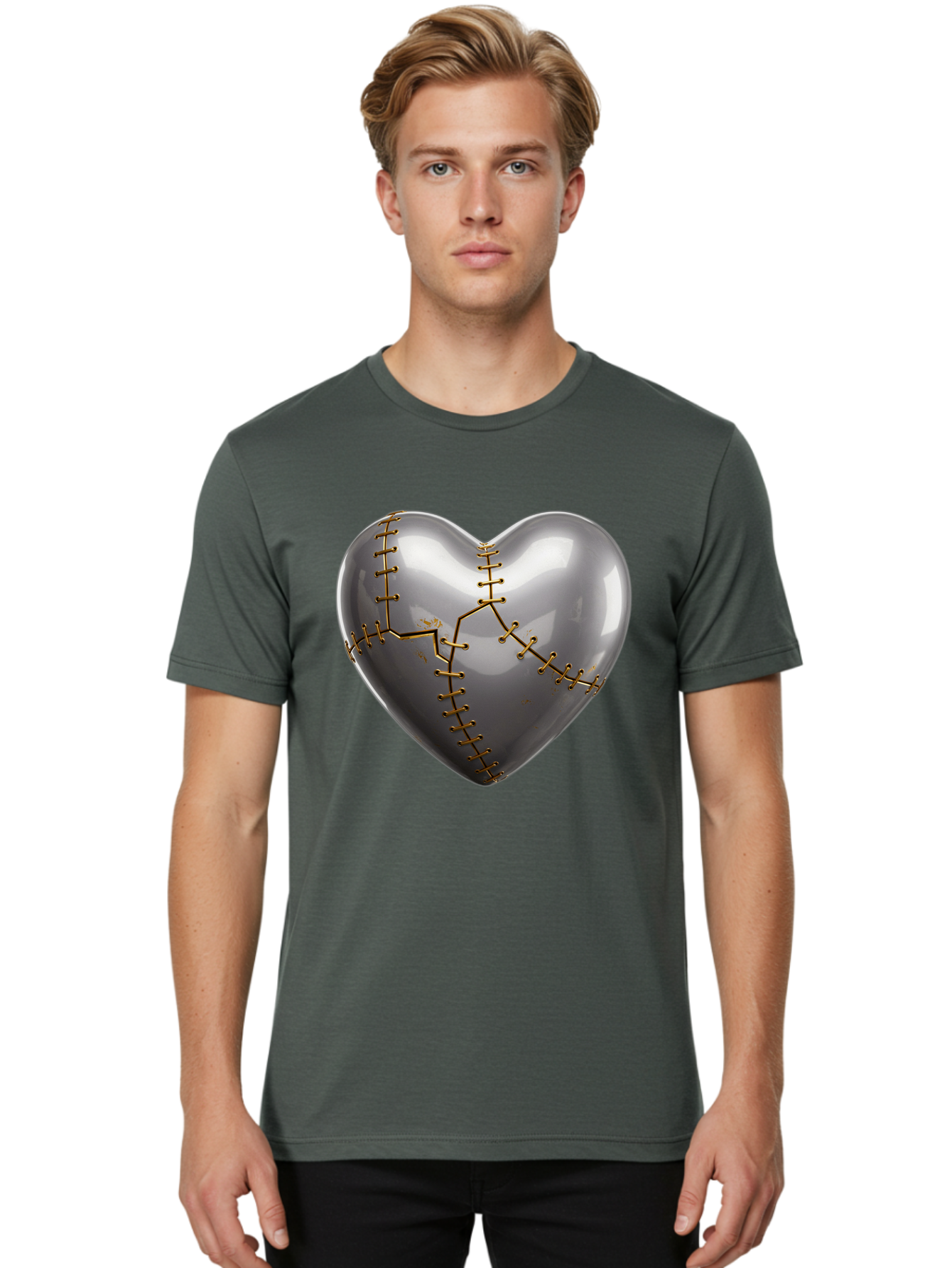Gray-Heart-With-Gold-Stitches Men'S Graphic Tee, 100% Cotton, Comfortable Casual Summer Wear, Machine Washable, Broken Heart, Kintsugi Repair, Gold Stitching, Mended Love, Heartbreak Healing, Symbolic Art, 3D Rendering, Emotional Recovery, Bae026