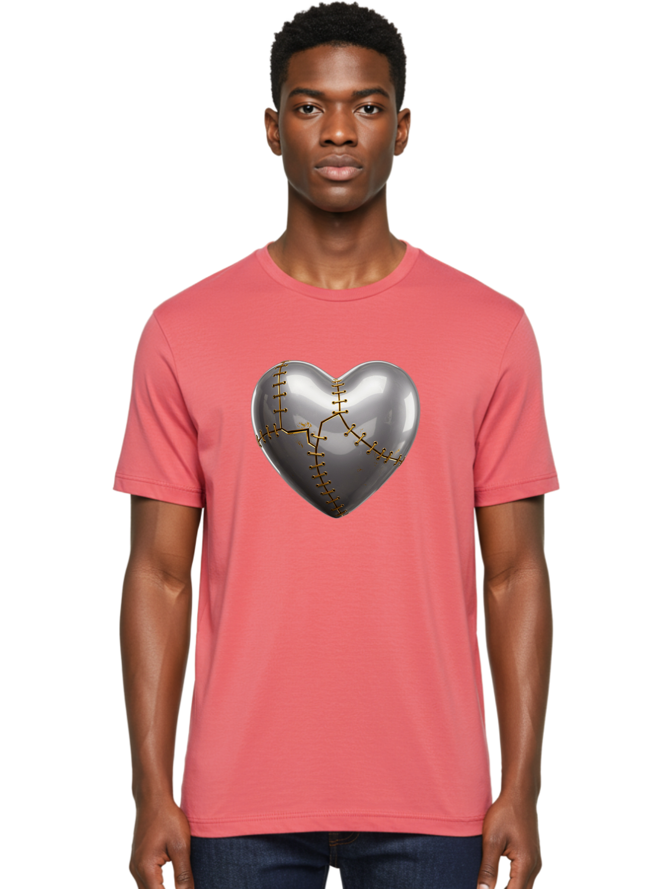 Gray-Heart-With-Gold-Stitches Men'S Graphic Tee, 100% Cotton, Comfortable Casual Summer Wear, Machine Washable, Broken Heart, Kintsugi Repair, Gold Stitching, Mended Love, Heartbreak Healing, Symbolic Art, 3D Rendering, Emotional Recovery, Bae026