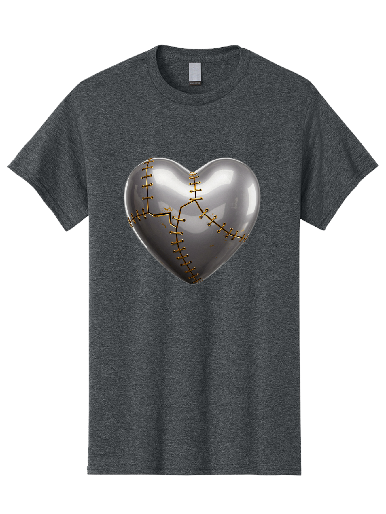 Gray-Heart-With-Gold-Stitches Men'S Graphic Tee, 100% Cotton, Comfortable Casual Summer Wear, Machine Washable, Broken Heart, Kintsugi Repair, Gold Stitching, Mended Love, Heartbreak Healing, Symbolic Art, 3D Rendering, Emotional Recovery, Bae026
