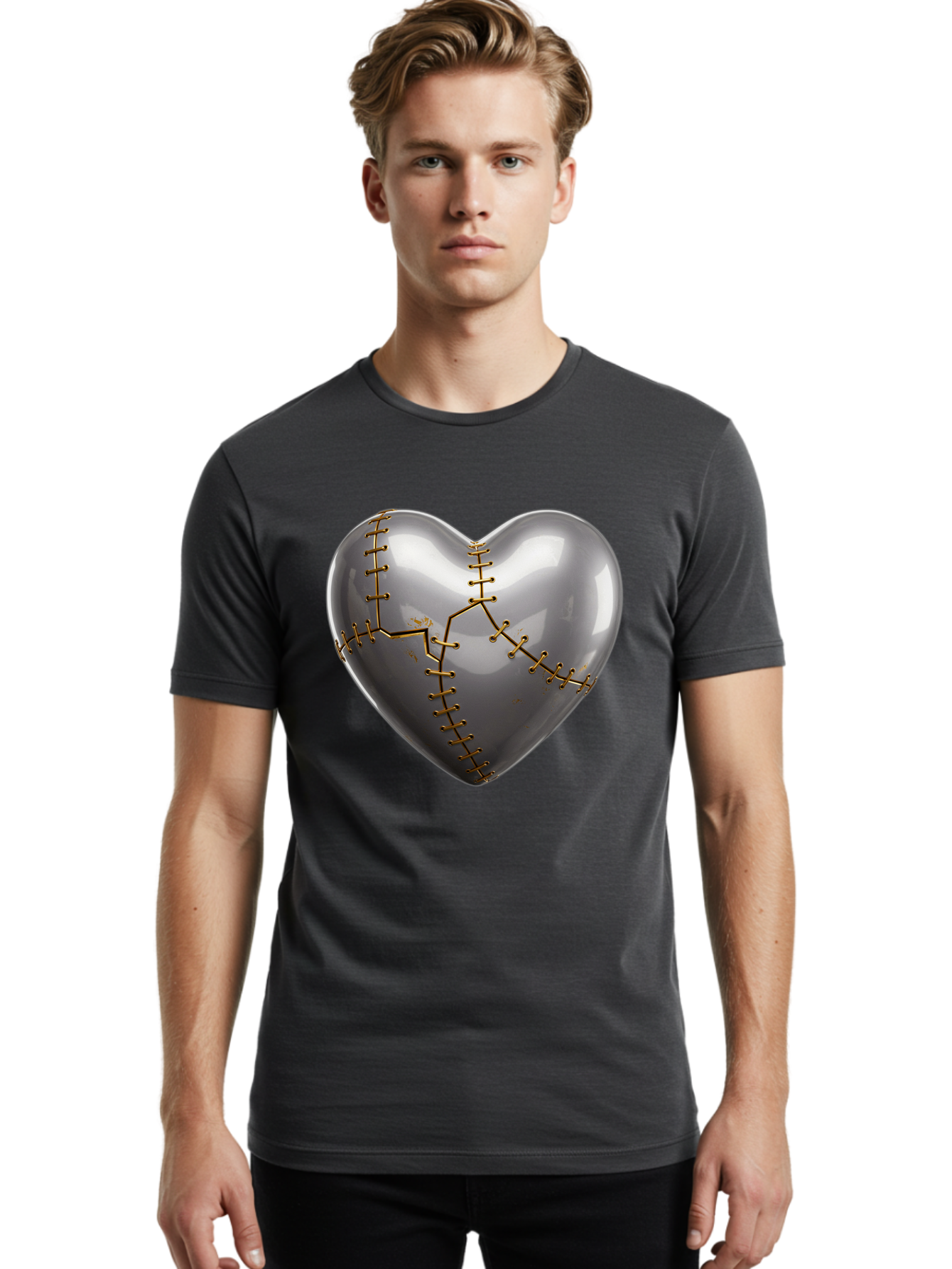 Gray-Heart-With-Gold-Stitches Men'S Graphic Tee, 100% Cotton, Comfortable Casual Summer Wear, Machine Washable, Broken Heart, Kintsugi Repair, Gold Stitching, Mended Love, Heartbreak Healing, Symbolic Art, 3D Rendering, Emotional Recovery, Bae026