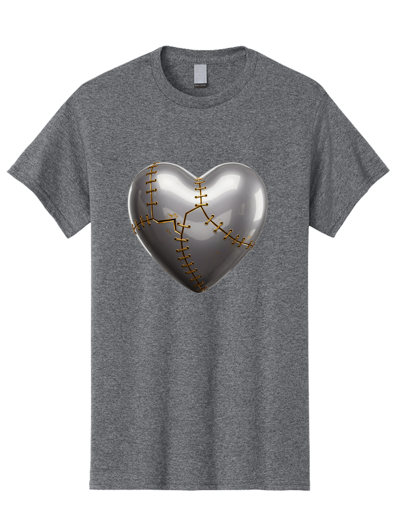 Gray-Heart-With-Gold-Stitches Men'S Graphic Tee, 100% Cotton, Comfortable Casual Summer Wear, Machine Washable, Broken Heart, Kintsugi Repair, Gold Stitching, Mended Love, Heartbreak Healing, Symbolic Art, 3D Rendering, Emotional Recovery, Bae026