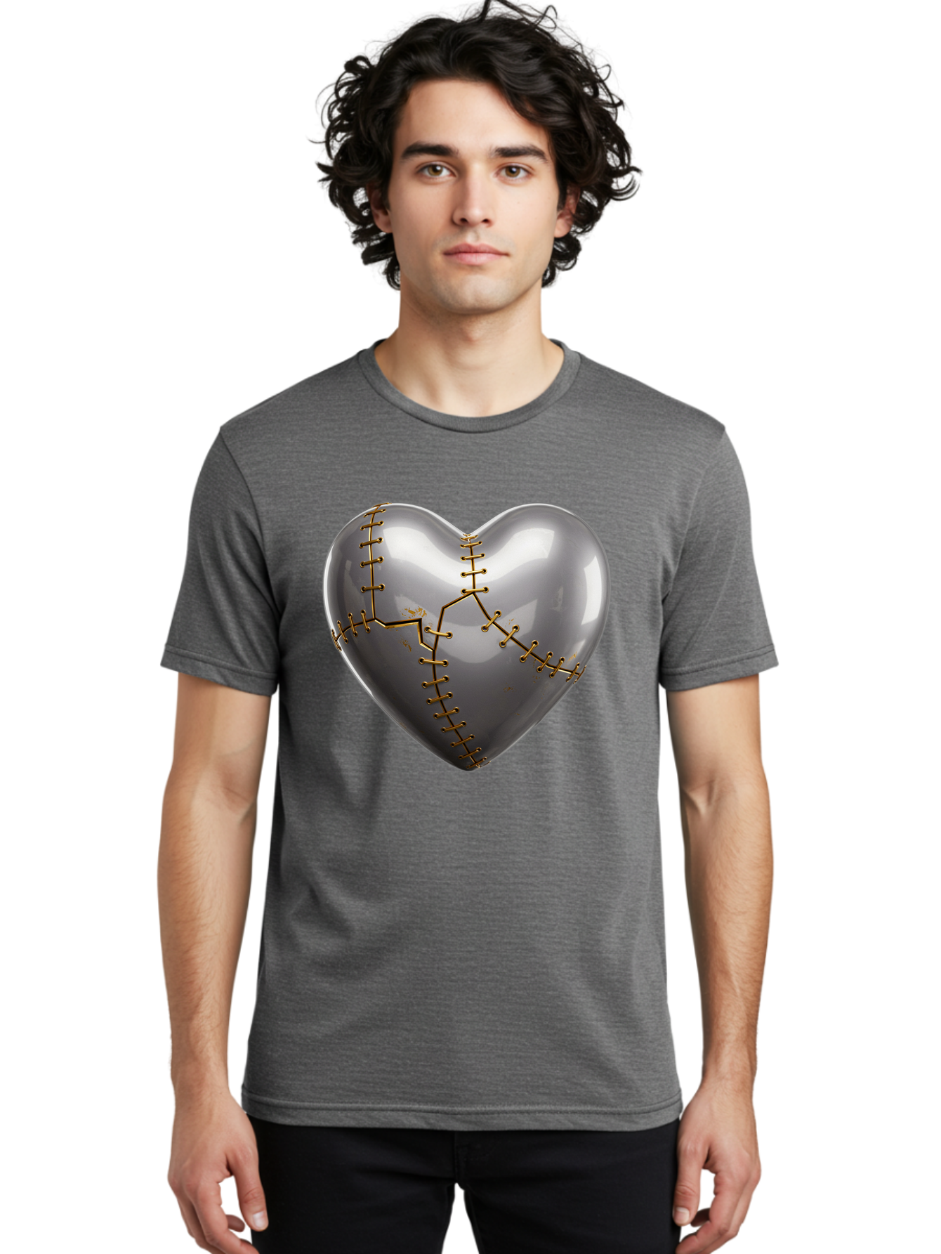 Gray-Heart-With-Gold-Stitches Men'S Graphic Tee, 100% Cotton, Comfortable Casual Summer Wear, Machine Washable, Broken Heart, Kintsugi Repair, Gold Stitching, Mended Love, Heartbreak Healing, Symbolic Art, 3D Rendering, Emotional Recovery, Bae026