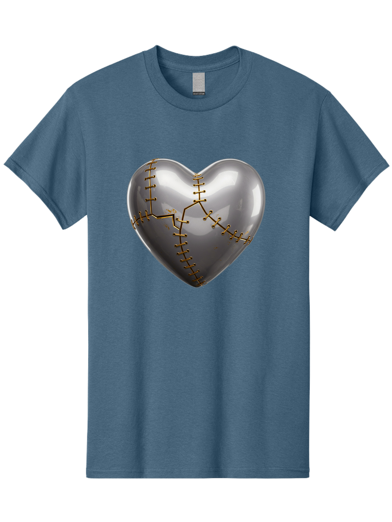 Gray-Heart-With-Gold-Stitches Men'S Graphic Tee, 100% Cotton, Comfortable Casual Summer Wear, Machine Washable, Broken Heart, Kintsugi Repair, Gold Stitching, Mended Love, Heartbreak Healing, Symbolic Art, 3D Rendering, Emotional Recovery, Bae026
