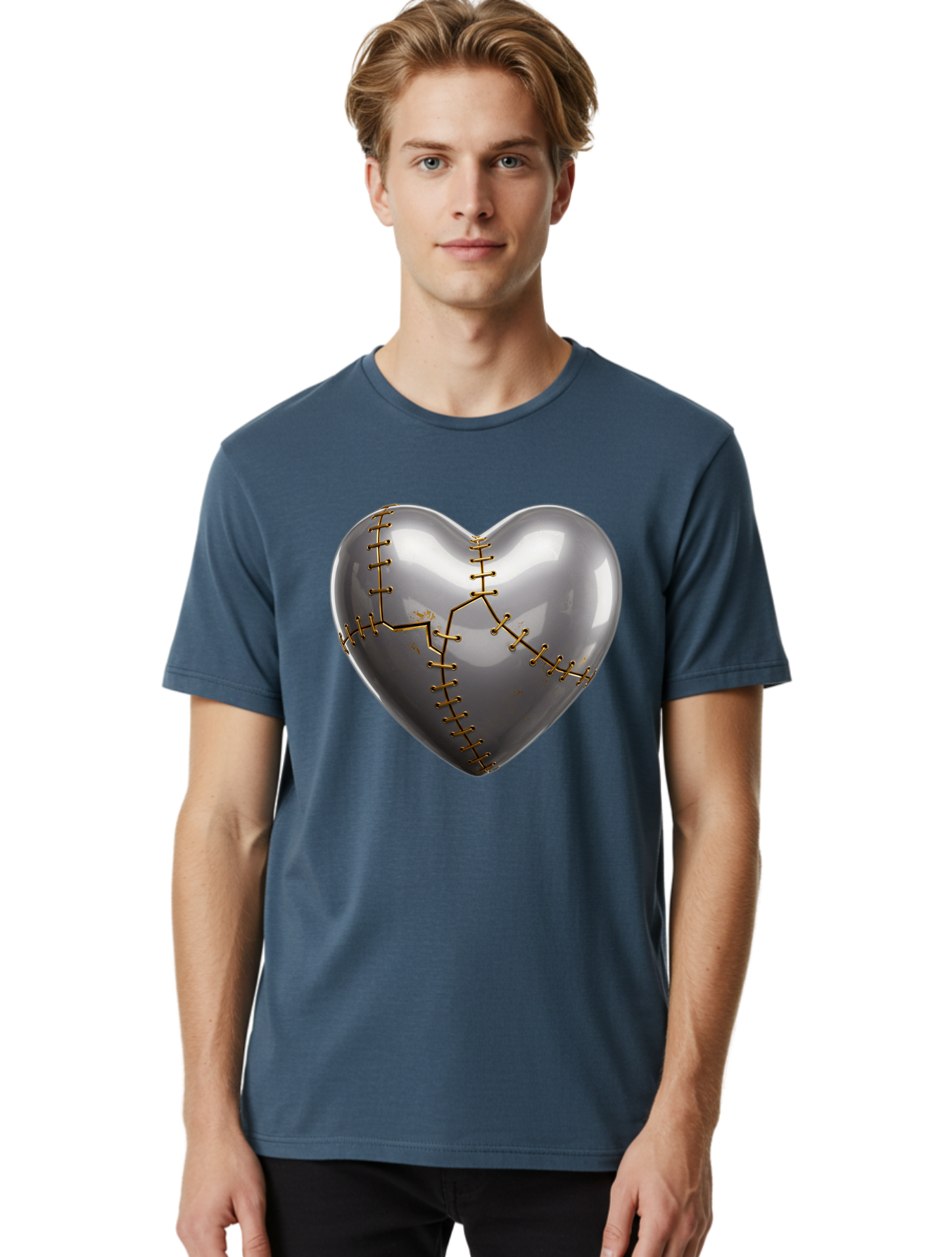 Gray-Heart-With-Gold-Stitches Men'S Graphic Tee, 100% Cotton, Comfortable Casual Summer Wear, Machine Washable, Broken Heart, Kintsugi Repair, Gold Stitching, Mended Love, Heartbreak Healing, Symbolic Art, 3D Rendering, Emotional Recovery, Bae026