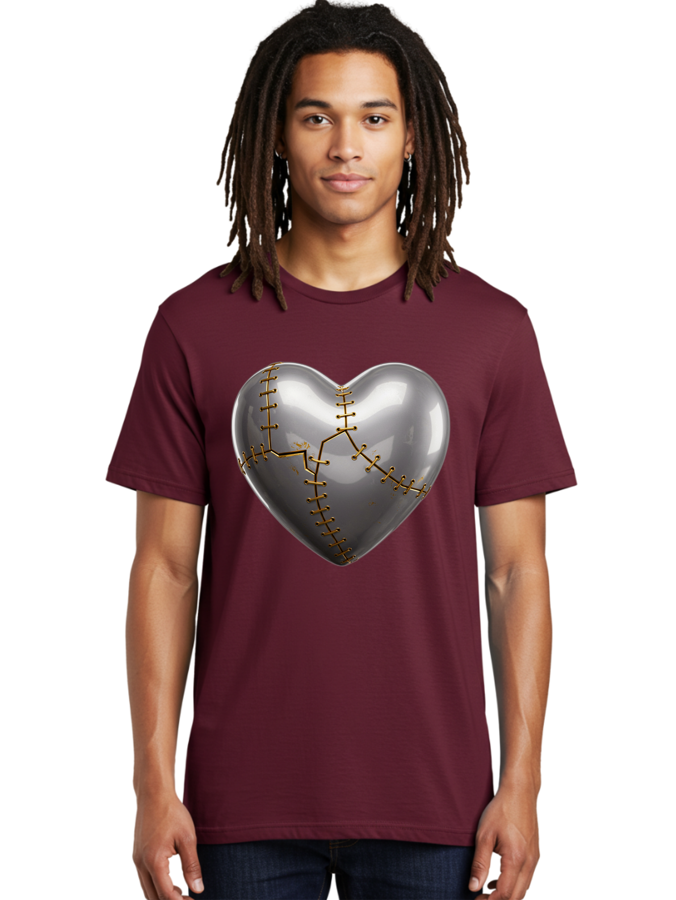 Gray-Heart-With-Gold-Stitches Men'S Graphic Tee, 100% Cotton, Comfortable Casual Summer Wear, Machine Washable, Broken Heart, Kintsugi Repair, Gold Stitching, Mended Love, Heartbreak Healing, Symbolic Art, 3D Rendering, Emotional Recovery, Bae026
