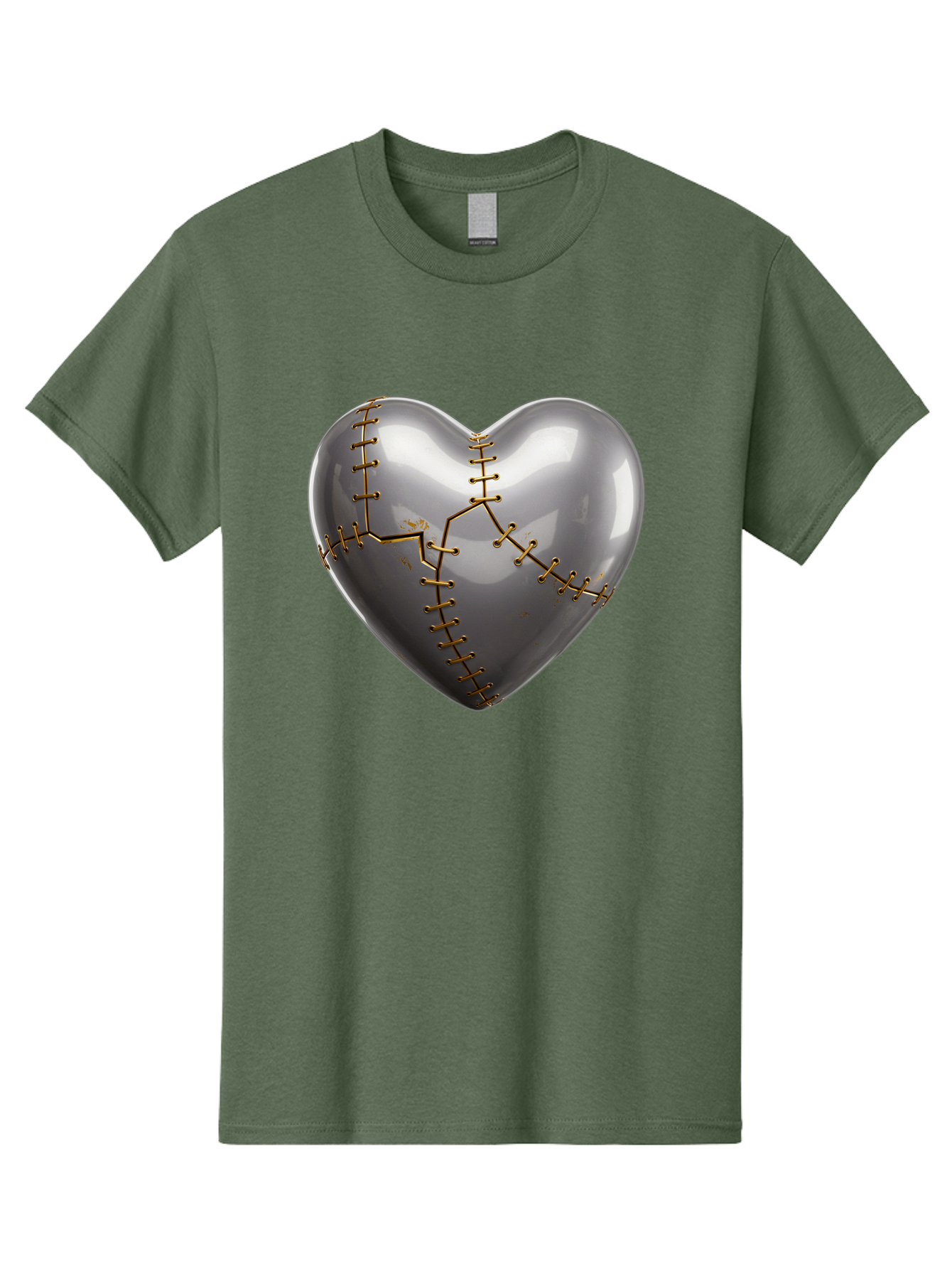 Gray-Heart-With-Gold-Stitches Men'S Graphic Tee, 100% Cotton, Comfortable Casual Summer Wear, Machine Washable, Broken Heart, Kintsugi Repair, Gold Stitching, Mended Love, Heartbreak Healing, Symbolic Art, 3D Rendering, Emotional Recovery, Bae026