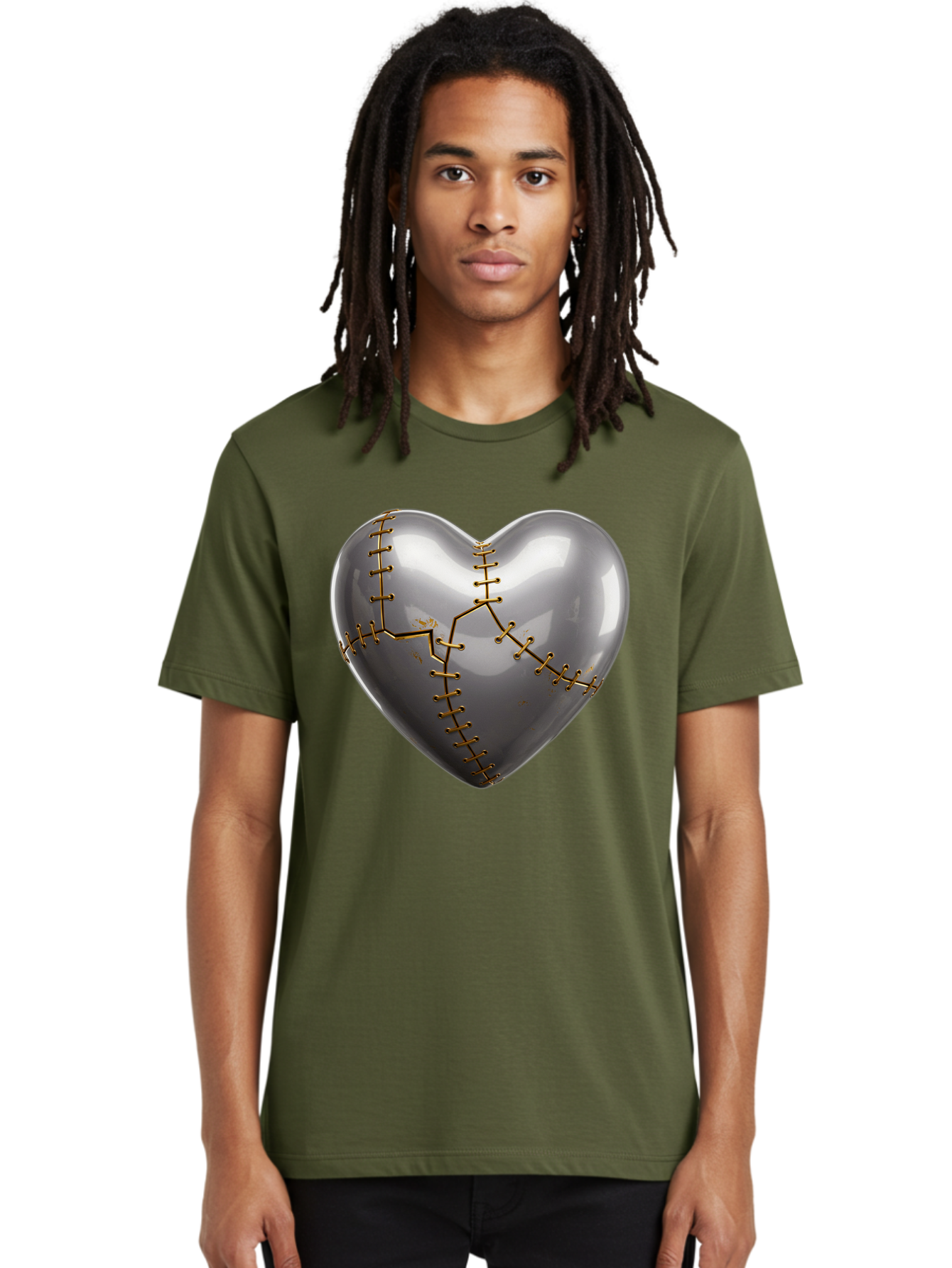 Gray-Heart-With-Gold-Stitches Men'S Graphic Tee, 100% Cotton, Comfortable Casual Summer Wear, Machine Washable, Broken Heart, Kintsugi Repair, Gold Stitching, Mended Love, Heartbreak Healing, Symbolic Art, 3D Rendering, Emotional Recovery, Bae026