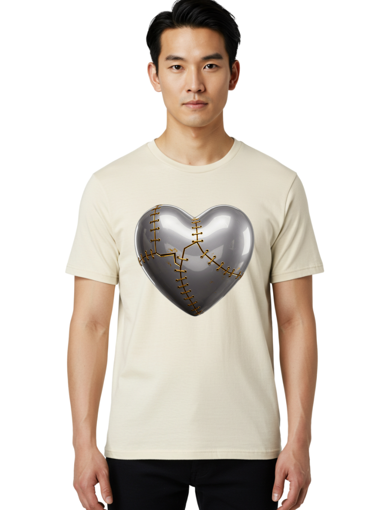 Gray-Heart-With-Gold-Stitches Men'S Graphic Tee, 100% Cotton, Comfortable Casual Summer Wear, Machine Washable, Broken Heart, Kintsugi Repair, Gold Stitching, Mended Love, Heartbreak Healing, Symbolic Art, 3D Rendering, Emotional Recovery, Bae026