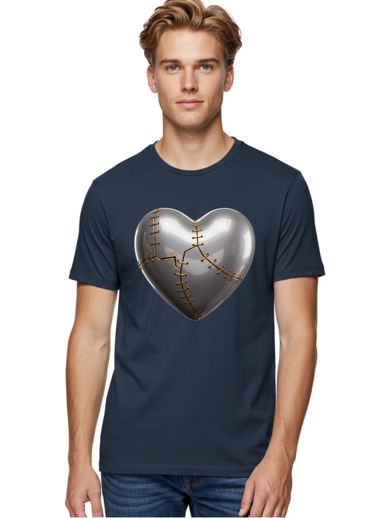 Gray-Heart-With-Gold-Stitches Men'S Graphic Tee, 100% Cotton, Comfortable Casual Summer Wear, Machine Washable, Broken Heart, Kintsugi Repair, Gold Stitching, Mended Love, Heartbreak Healing, Symbolic Art, 3D Rendering, Emotional Recovery, Bae026