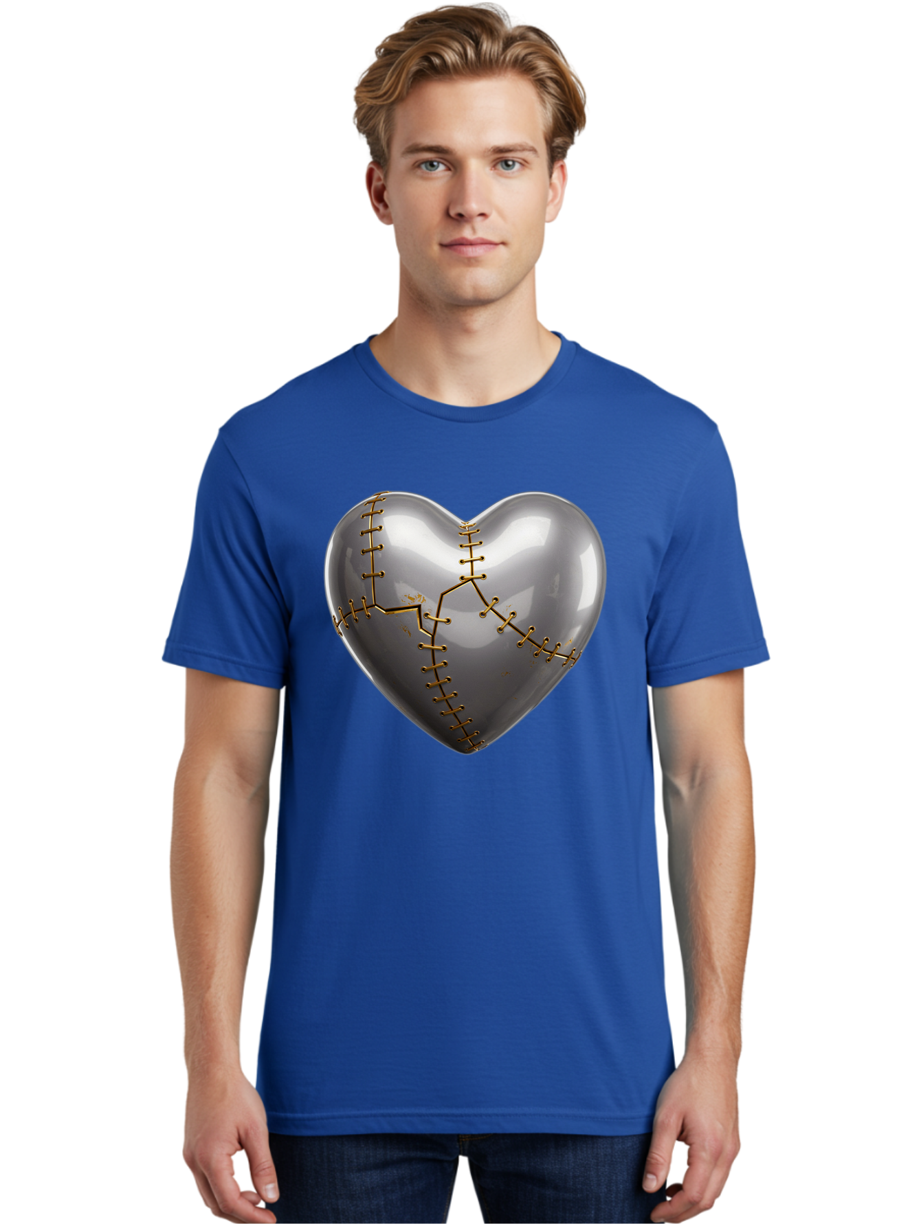 Gray-Heart-With-Gold-Stitches Men'S Graphic Tee, 100% Cotton, Comfortable Casual Summer Wear, Machine Washable, Broken Heart, Kintsugi Repair, Gold Stitching, Mended Love, Heartbreak Healing, Symbolic Art, 3D Rendering, Emotional Recovery, Bae026