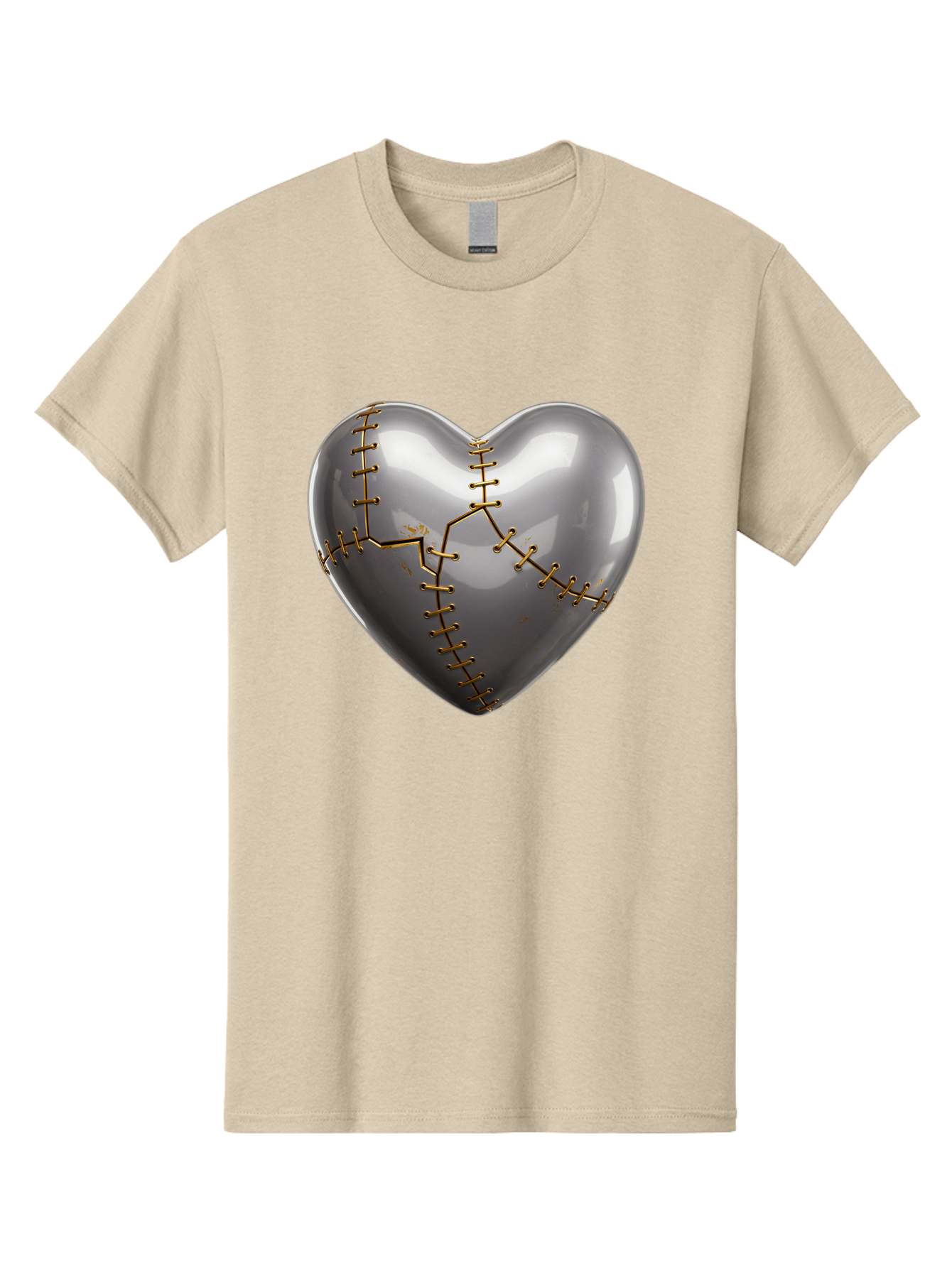 Gray-Heart-With-Gold-Stitches Men'S Graphic Tee, 100% Cotton, Comfortable Casual Summer Wear, Machine Washable, Broken Heart, Kintsugi Repair, Gold Stitching, Mended Love, Heartbreak Healing, Symbolic Art, 3D Rendering, Emotional Recovery, Bae026