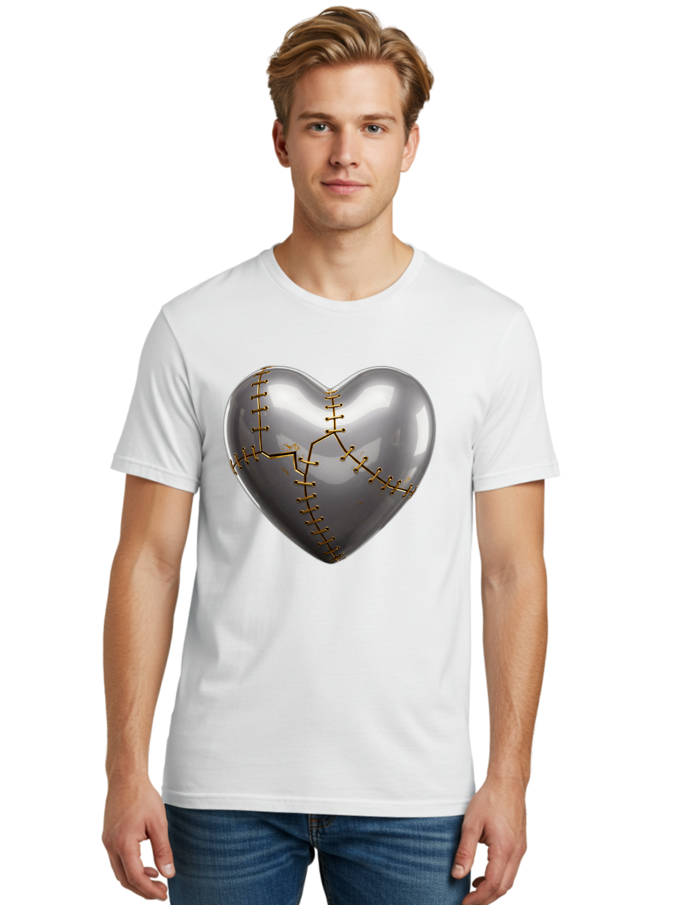 Gray-Heart-With-Gold-Stitches Men'S Graphic Tee, 100% Cotton, Comfortable Casual Summer Wear, Machine Washable, Broken Heart, Kintsugi Repair, Gold Stitching, Mended Love, Heartbreak Healing, Symbolic Art, 3D Rendering, Emotional Recovery, Bae026