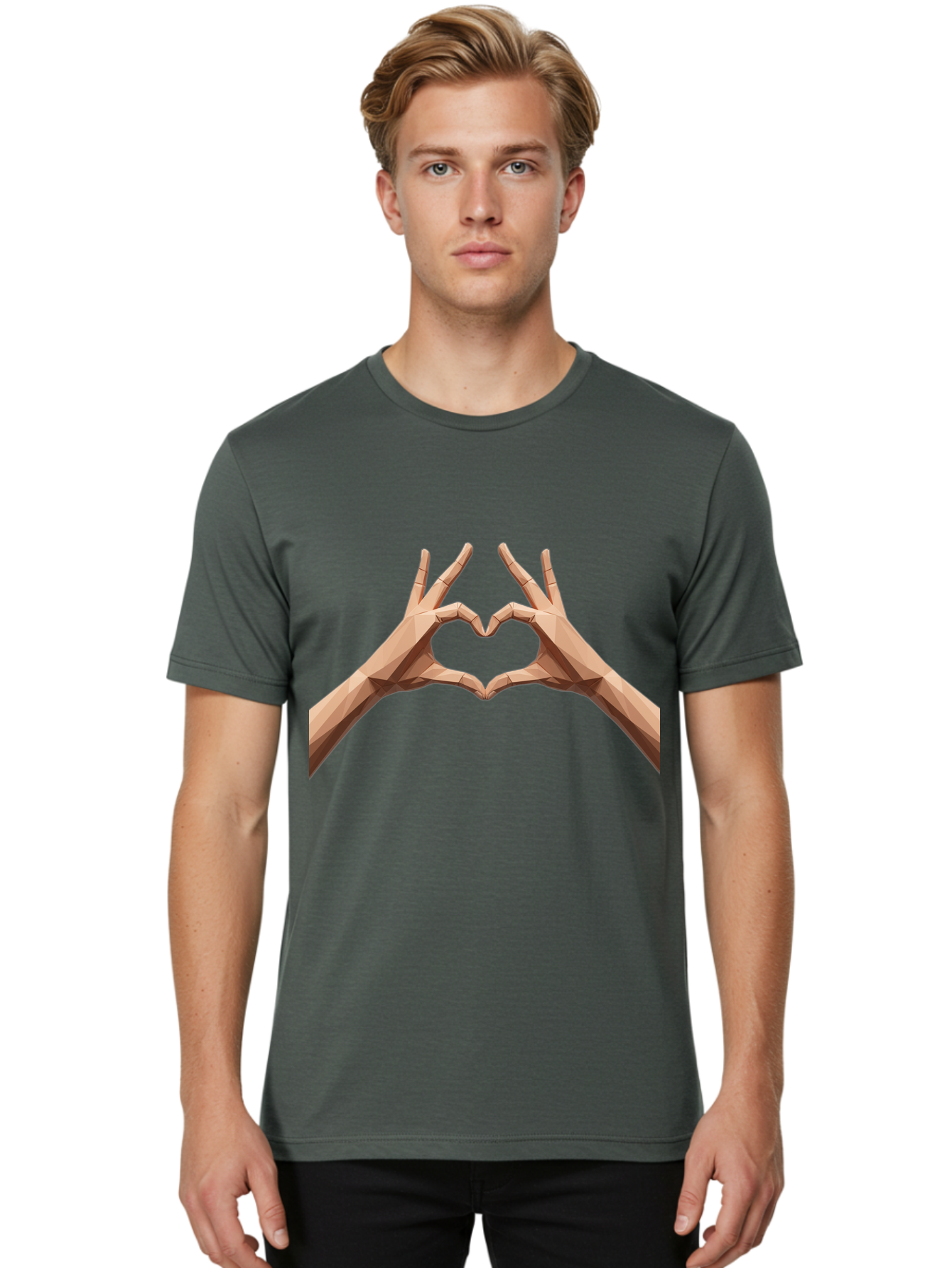 Hands-Heart-Gesture Men'S Graphic Tee, 100% Cotton, Comfortable Casual Summer Wear, Machine Washable, Low Poly Hands, Heart Shape, Love Symbol, 3D Art, Geometric Design, Affectionate Gesture, Digital Illustration, Heart Hands Bae028