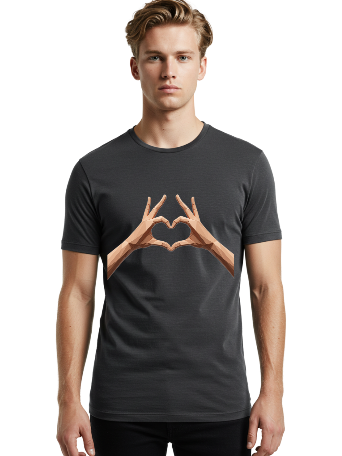 Hands-Heart-Gesture Men'S Graphic Tee, 100% Cotton, Comfortable Casual Summer Wear, Machine Washable, Low Poly Hands, Heart Shape, Love Symbol, 3D Art, Geometric Design, Affectionate Gesture, Digital Illustration, Heart Hands Bae028