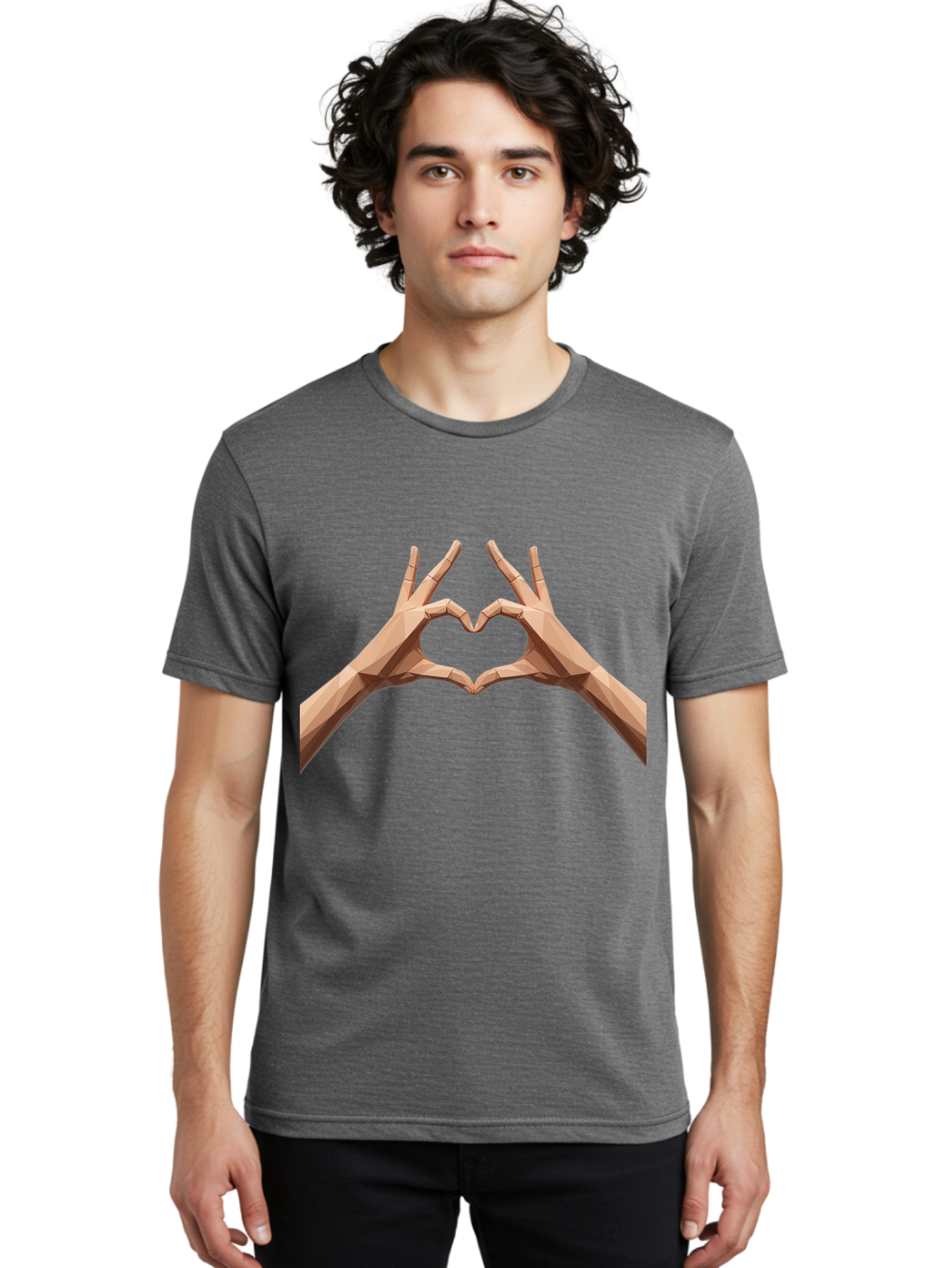 Hands-Heart-Gesture Men'S Graphic Tee, 100% Cotton, Comfortable Casual Summer Wear, Machine Washable, Low Poly Hands, Heart Shape, Love Symbol, 3D Art, Geometric Design, Affectionate Gesture, Digital Illustration, Heart Hands Bae028