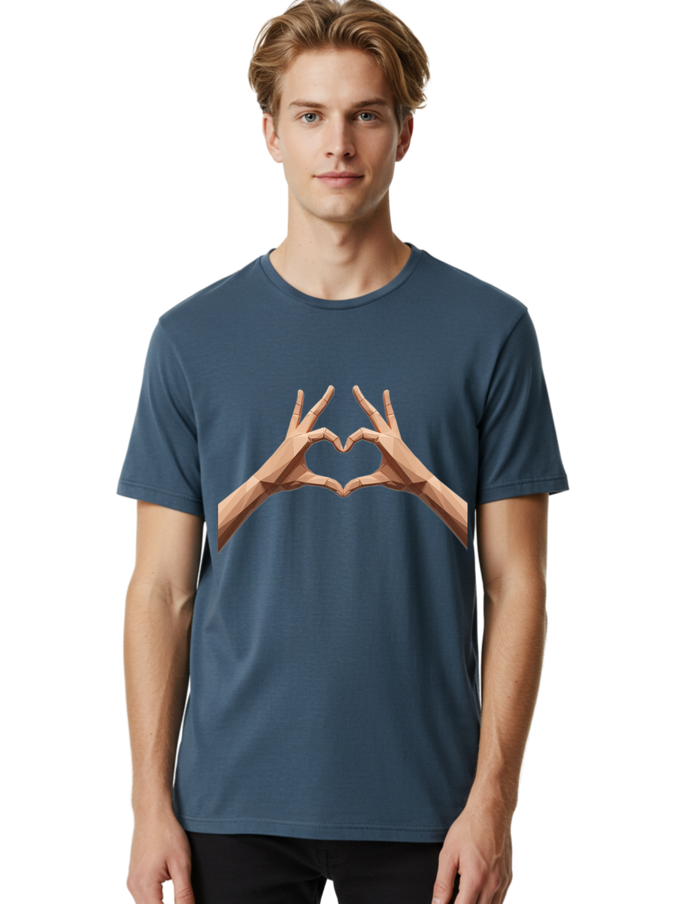 Hands-Heart-Gesture Men'S Graphic Tee, 100% Cotton, Comfortable Casual Summer Wear, Machine Washable, Low Poly Hands, Heart Shape, Love Symbol, 3D Art, Geometric Design, Affectionate Gesture, Digital Illustration, Heart Hands Bae028