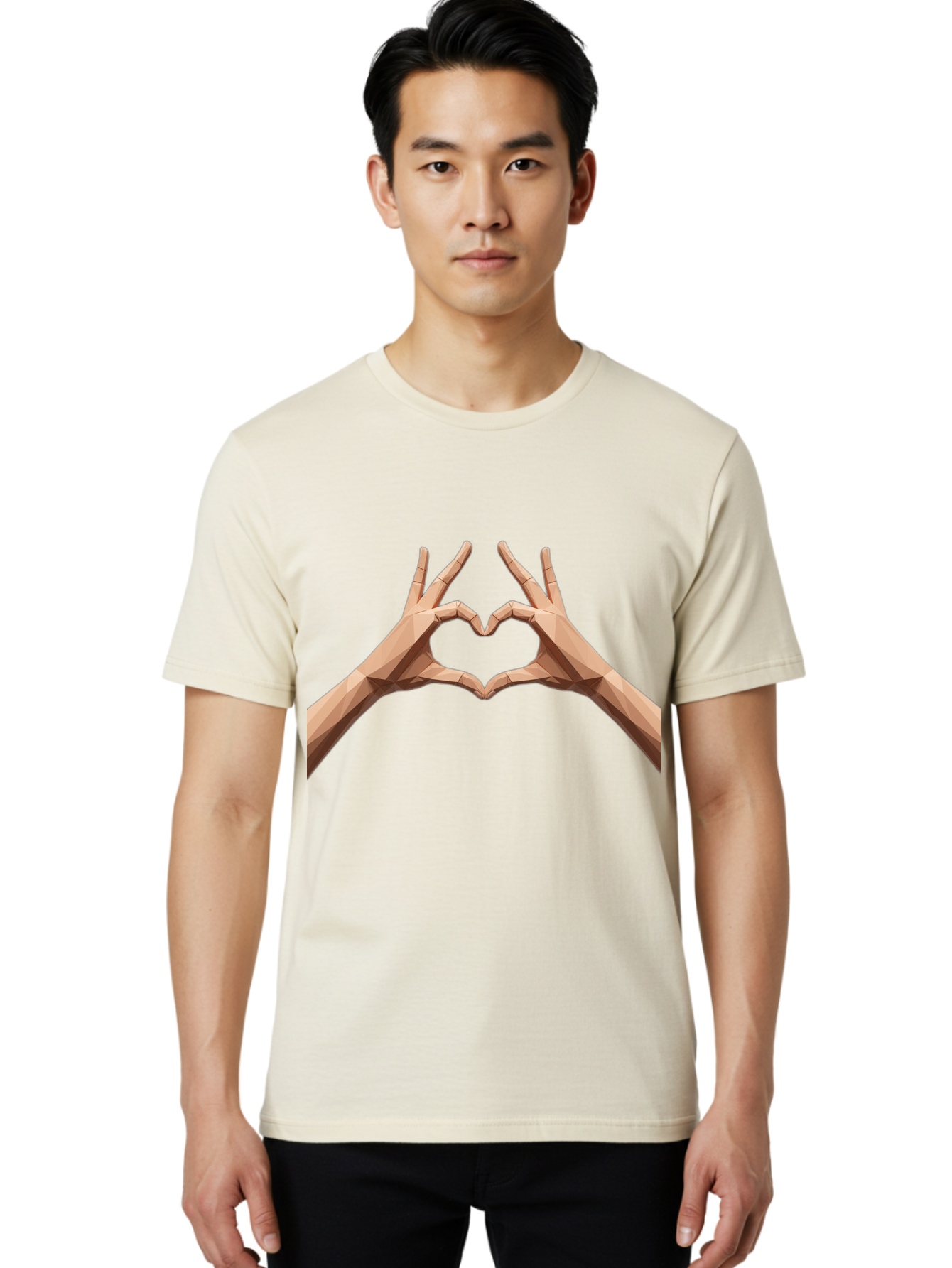 Hands-Heart-Gesture Men'S Graphic Tee, 100% Cotton, Comfortable Casual Summer Wear, Machine Washable, Low Poly Hands, Heart Shape, Love Symbol, 3D Art, Geometric Design, Affectionate Gesture, Digital Illustration, Heart Hands Bae028