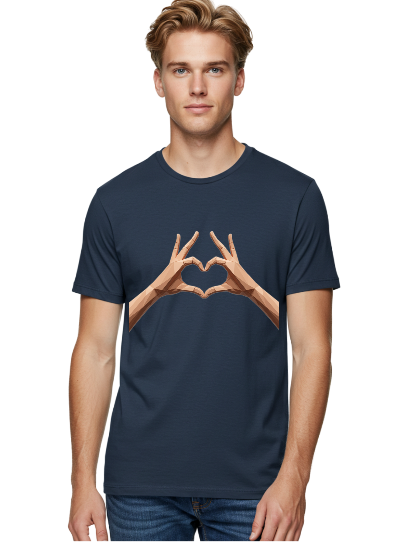 Hands-Heart-Gesture Men'S Graphic Tee, 100% Cotton, Comfortable Casual Summer Wear, Machine Washable, Low Poly Hands, Heart Shape, Love Symbol, 3D Art, Geometric Design, Affectionate Gesture, Digital Illustration, Heart Hands Bae028