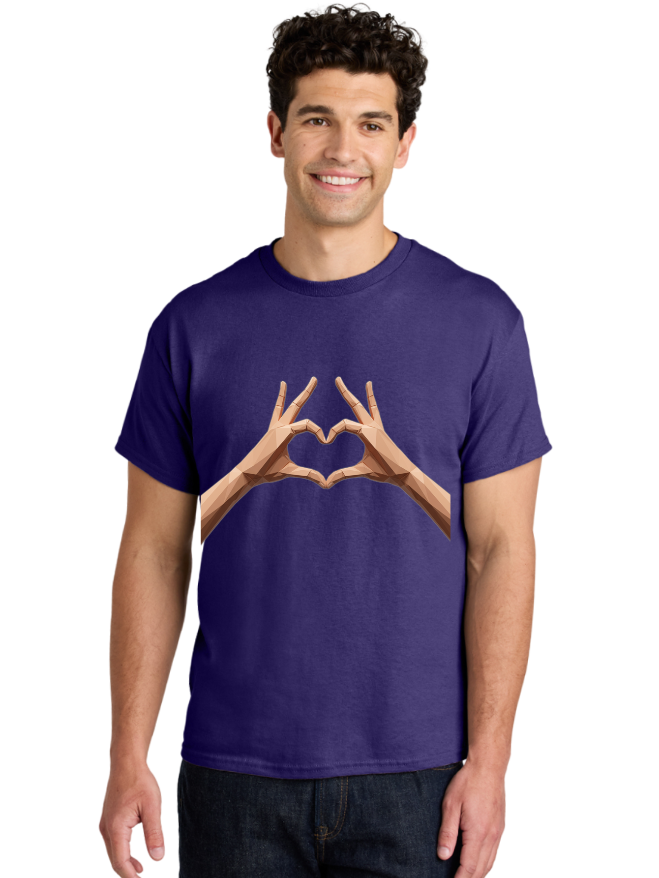 Hands-Heart-Gesture Men'S Graphic Tee, 100% Cotton, Comfortable Casual Summer Wear, Machine Washable, Low Poly Hands, Heart Shape, Love Symbol, 3D Art, Geometric Design, Affectionate Gesture, Digital Illustration, Heart Hands Bae028