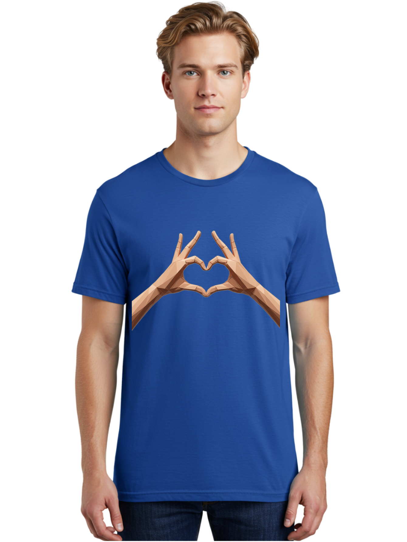 Hands-Heart-Gesture Men'S Graphic Tee, 100% Cotton, Comfortable Casual Summer Wear, Machine Washable, Low Poly Hands, Heart Shape, Love Symbol, 3D Art, Geometric Design, Affectionate Gesture, Digital Illustration, Heart Hands Bae028