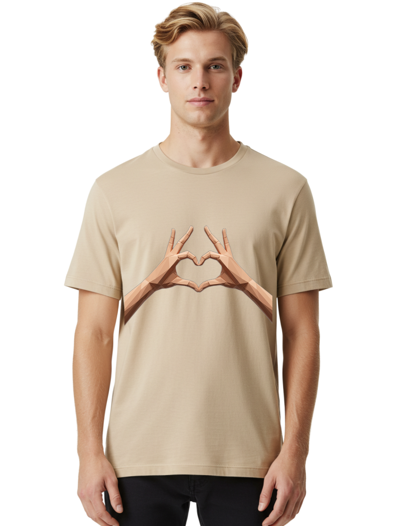 Hands-Heart-Gesture Men'S Graphic Tee, 100% Cotton, Comfortable Casual Summer Wear, Machine Washable, Low Poly Hands, Heart Shape, Love Symbol, 3D Art, Geometric Design, Affectionate Gesture, Digital Illustration, Heart Hands Bae028