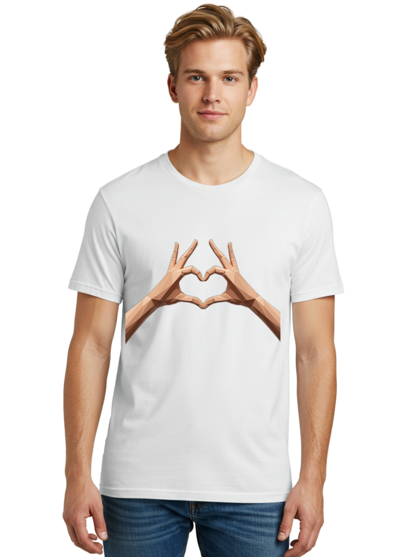 Hands-Heart-Gesture Men'S Graphic Tee, 100% Cotton, Comfortable Casual Summer Wear, Machine Washable, Low Poly Hands, Heart Shape, Love Symbol, 3D Art, Geometric Design, Affectionate Gesture, Digital Illustration, Heart Hands Bae028