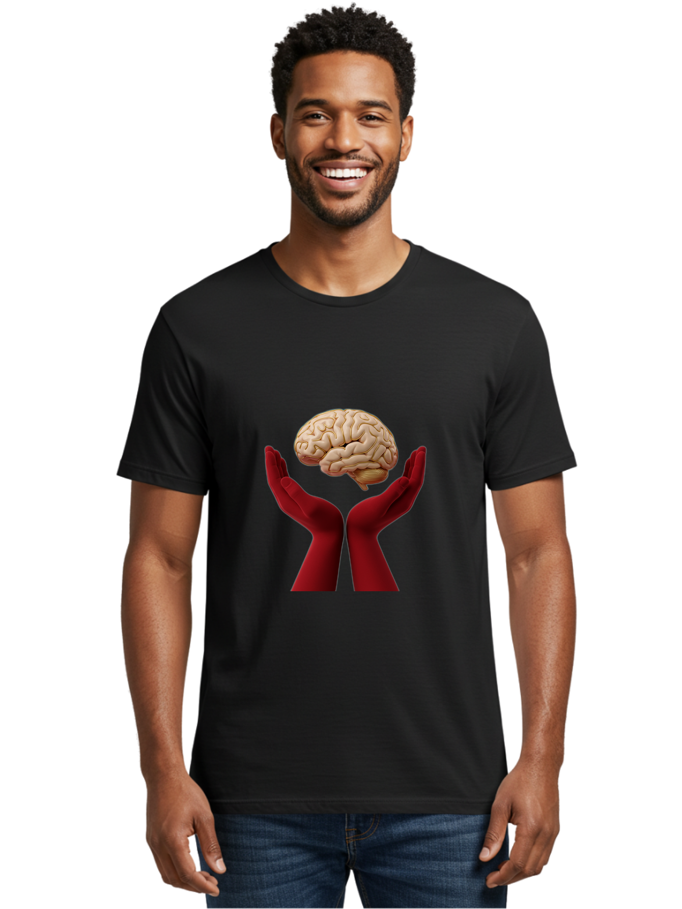 Hands-Holding-Brain-1 Men'S Graphic Tee, 100% Cotton, Comfortable Casual Summer Wear, Machine Washable, Human Brain, Hands Holding Brain, Cognitive Function, Neuroscience, Human Anatomy, Red Gloves, Realistic Brain Model, Medical Illustration, Bae029