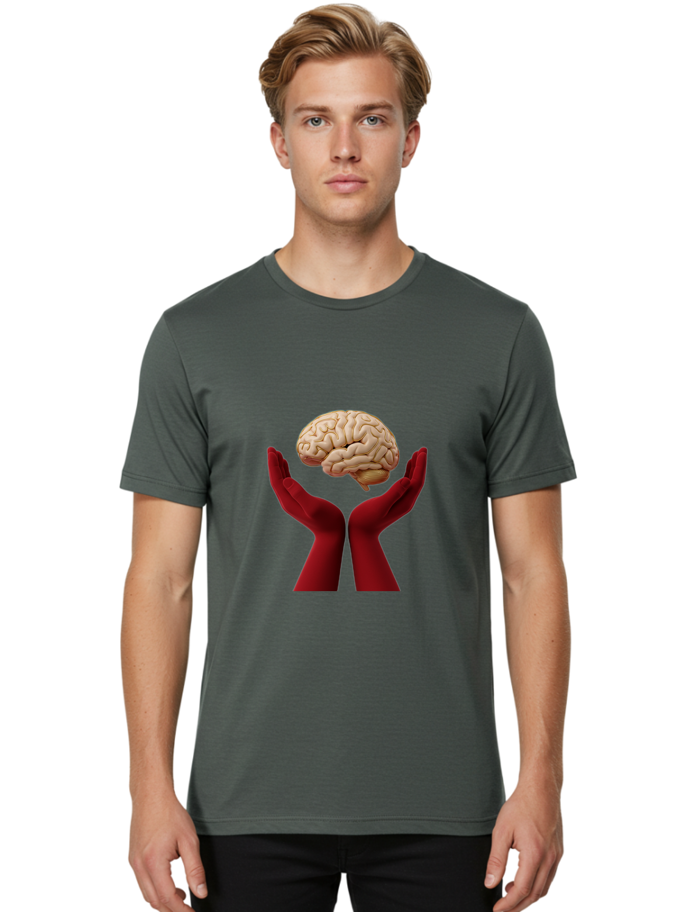 Hands-Holding-Brain-1 Men'S Graphic Tee, 100% Cotton, Comfortable Casual Summer Wear, Machine Washable, Human Brain, Hands Holding Brain, Cognitive Function, Neuroscience, Human Anatomy, Red Gloves, Realistic Brain Model, Medical Illustration, Bae029