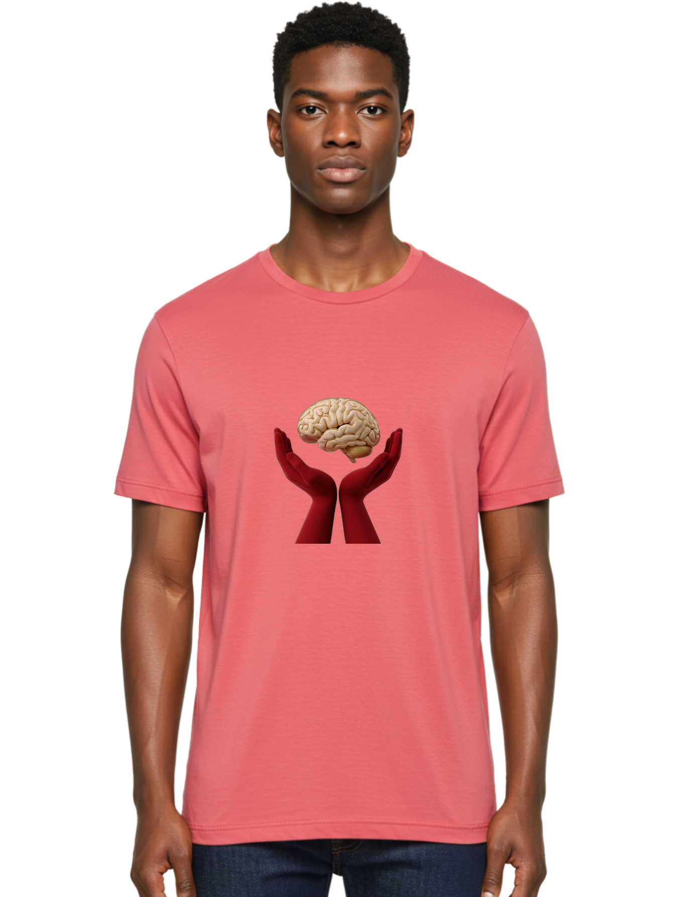 Hands-Holding-Brain-1 Men'S Graphic Tee, 100% Cotton, Comfortable Casual Summer Wear, Machine Washable, Human Brain, Hands Holding Brain, Cognitive Function, Neuroscience, Human Anatomy, Red Gloves, Realistic Brain Model, Medical Illustration, Bae029