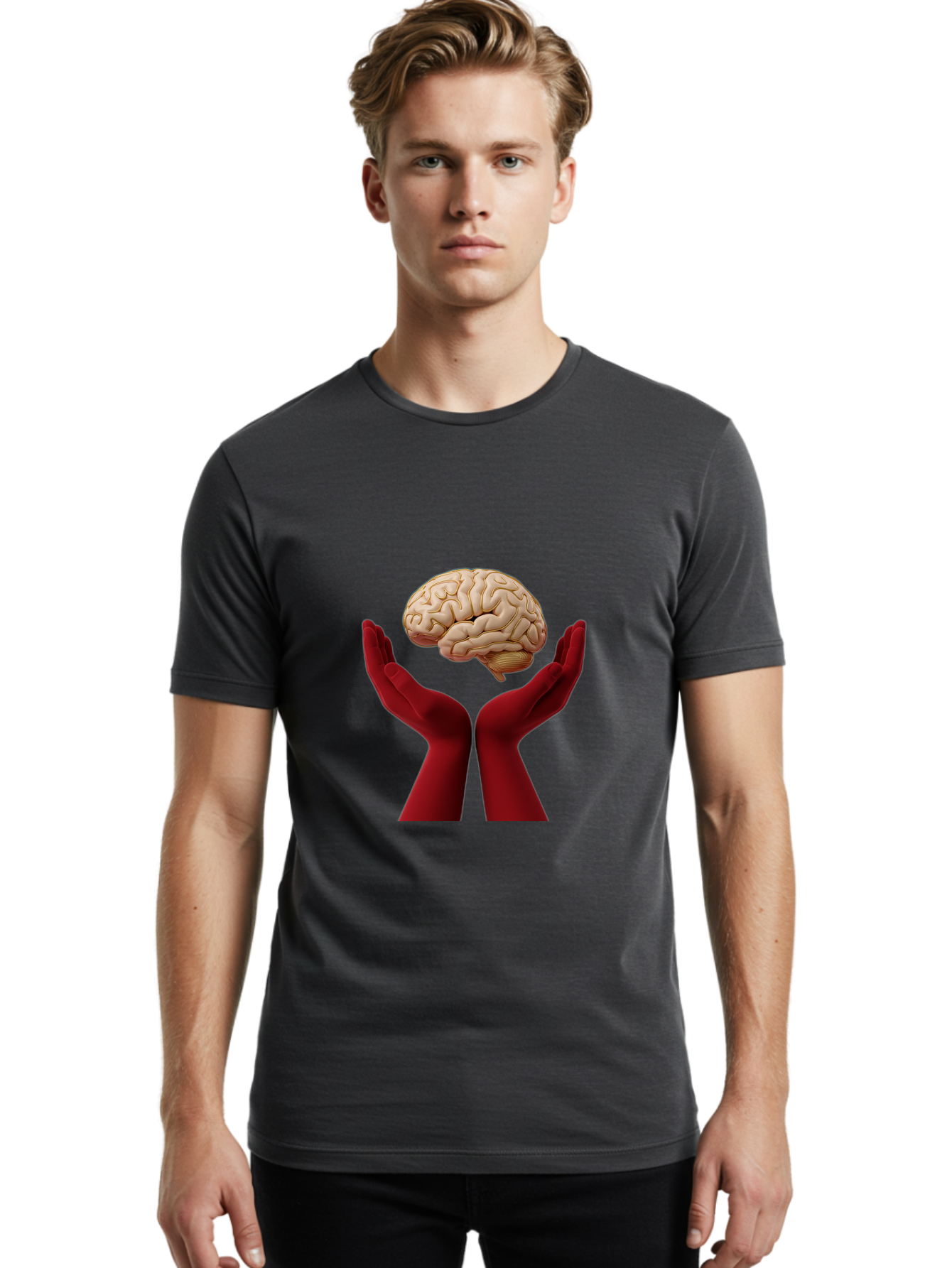 Hands-Holding-Brain-1 Men'S Graphic Tee, 100% Cotton, Comfortable Casual Summer Wear, Machine Washable, Human Brain, Hands Holding Brain, Cognitive Function, Neuroscience, Human Anatomy, Red Gloves, Realistic Brain Model, Medical Illustration, Bae029