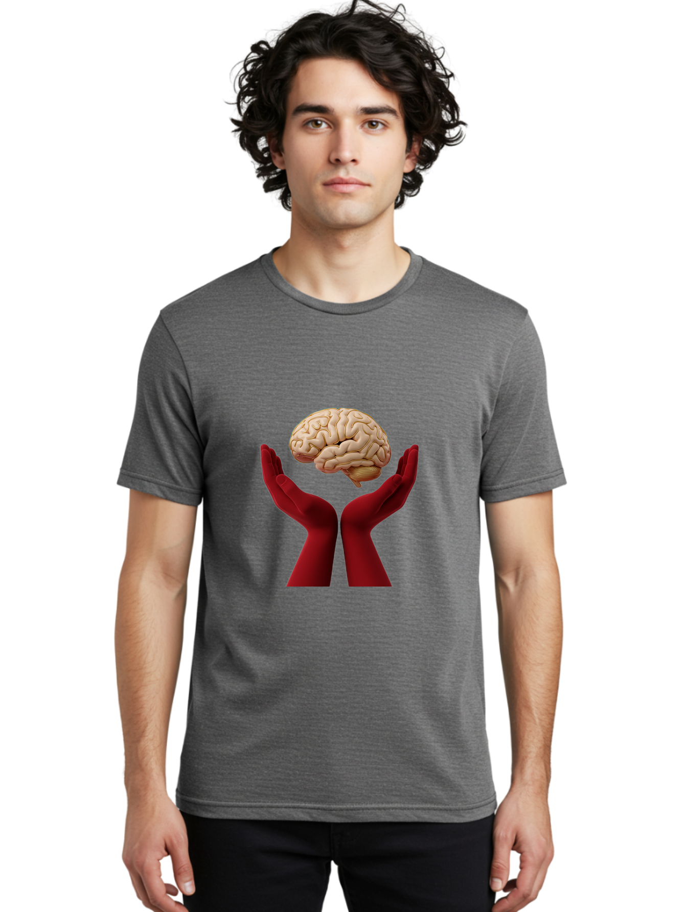 Hands-Holding-Brain-1 Men'S Graphic Tee, 100% Cotton, Comfortable Casual Summer Wear, Machine Washable, Human Brain, Hands Holding Brain, Cognitive Function, Neuroscience, Human Anatomy, Red Gloves, Realistic Brain Model, Medical Illustration, Bae029