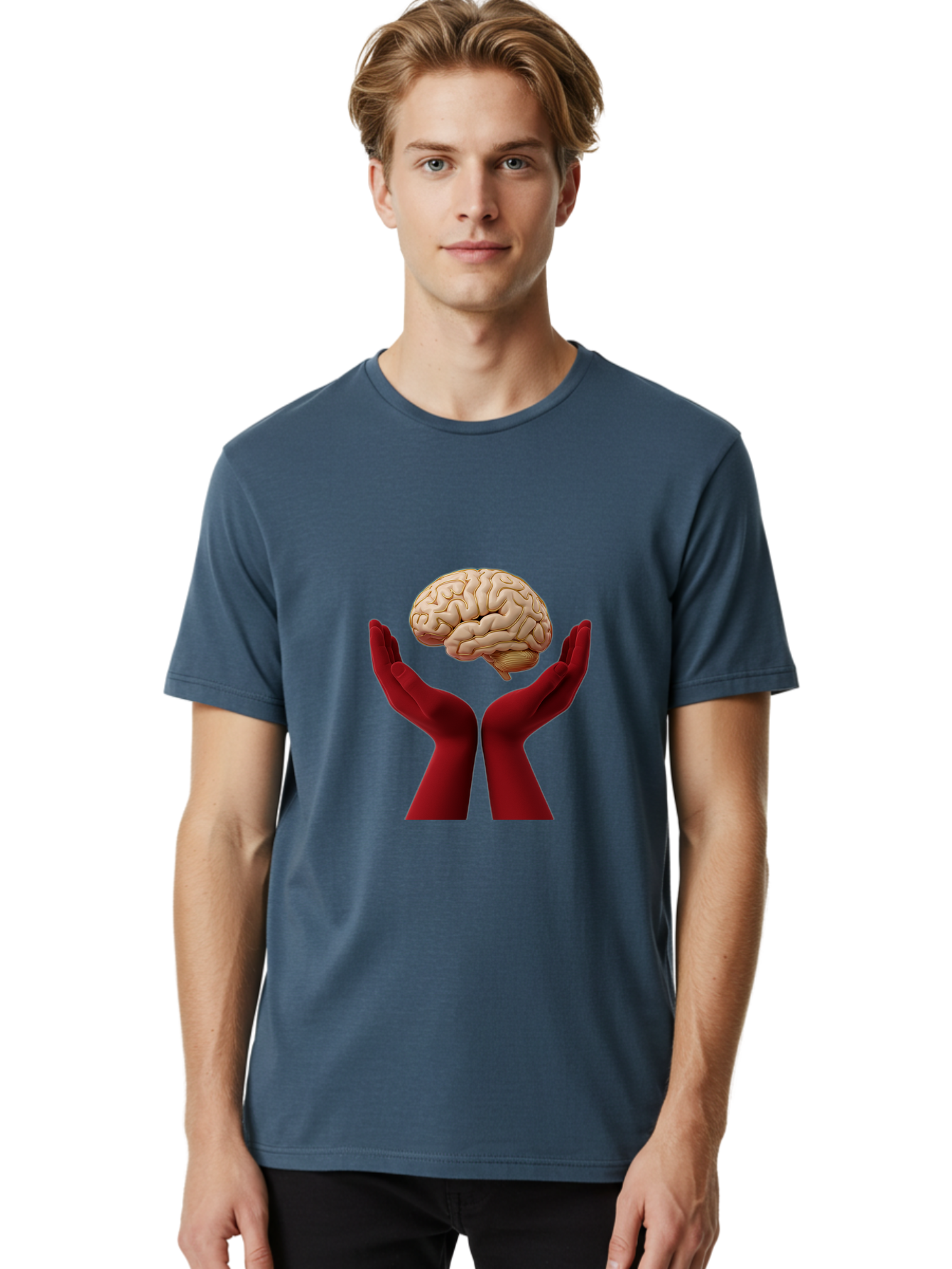 Hands-Holding-Brain-1 Men'S Graphic Tee, 100% Cotton, Comfortable Casual Summer Wear, Machine Washable, Human Brain, Hands Holding Brain, Cognitive Function, Neuroscience, Human Anatomy, Red Gloves, Realistic Brain Model, Medical Illustration, Bae029